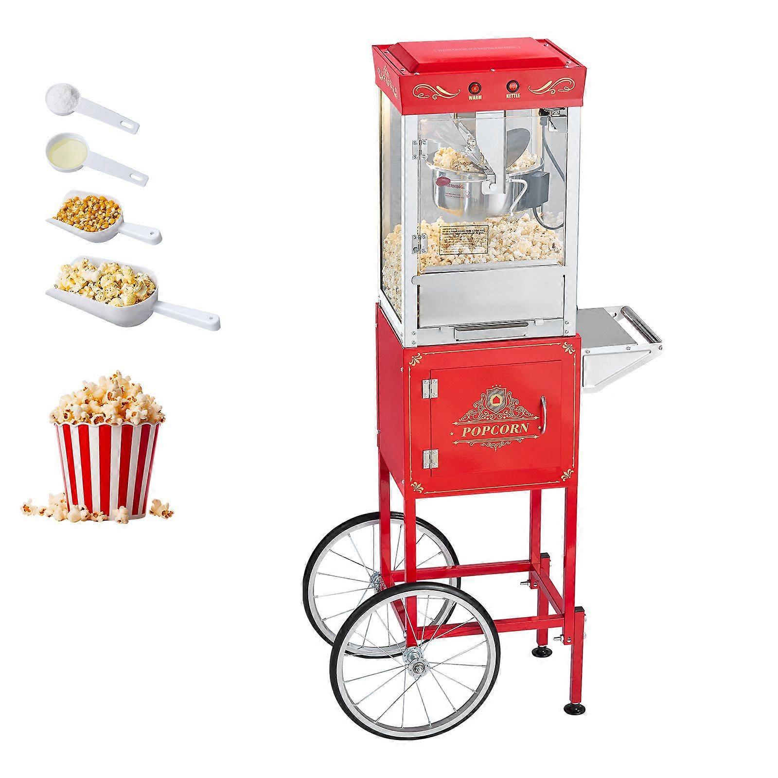 Popcornmaskine med vogn, 0,2 kg kedel i rustfrit stål, 800W kommerciel popcornmaskine, 48 kopper pr. batch, rød
