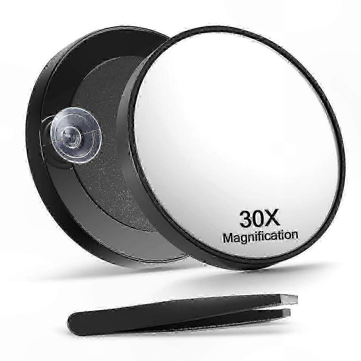 30X Magnifying Mirror with Tweezers, 2 Suction Cups for Grooming & Travel - B14