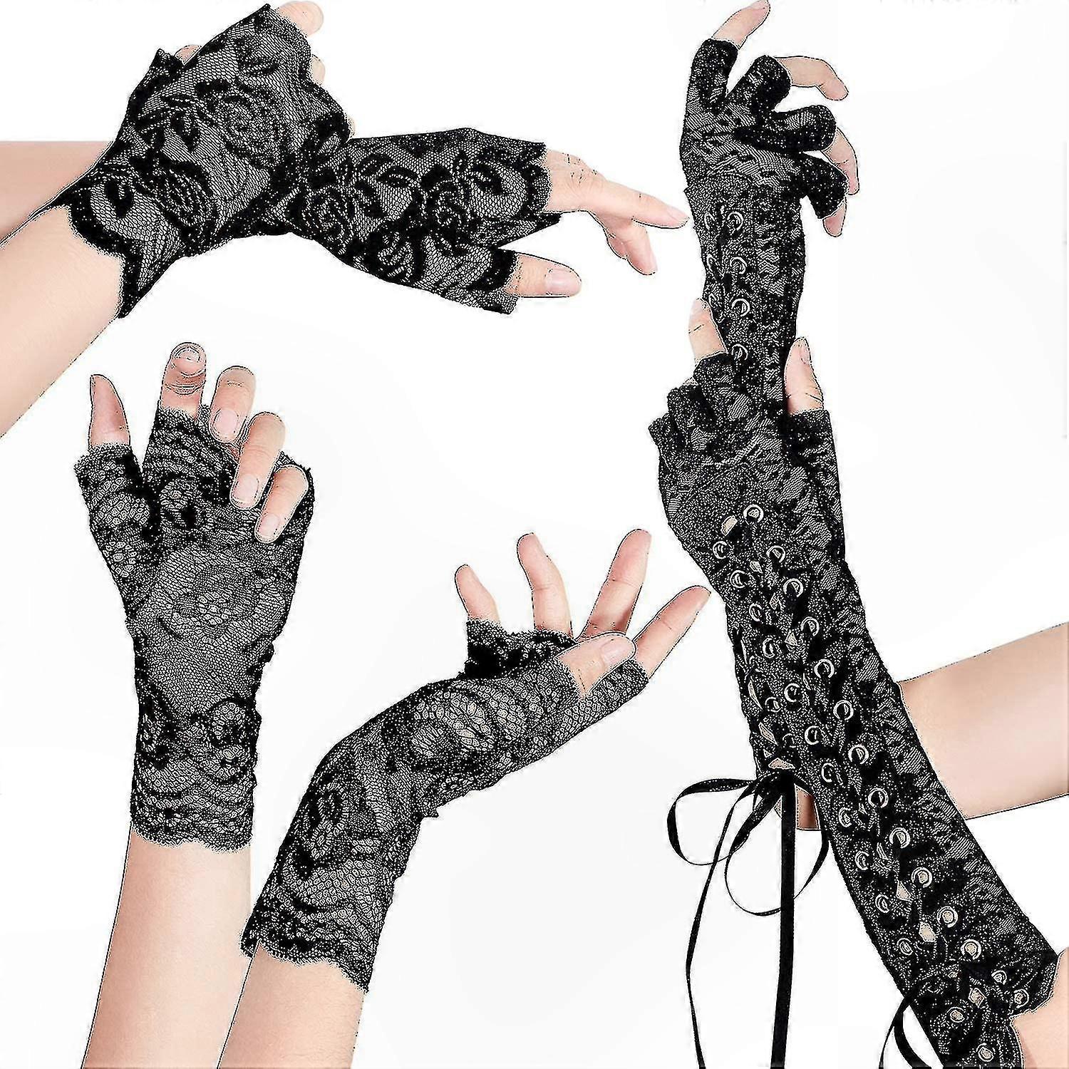 Elbow-Length Lace Gloves Set, 3 Pairs of Fingerless Bridal and Steampunk Style Gloves, Large Size
