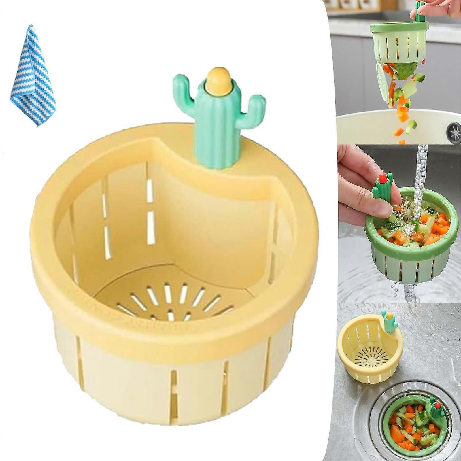Multi-Functional Sink Protector with Auto-Dumping Basket, Cute Cactus Waste Collector Filter, Universal Plastic Drain Strainer
