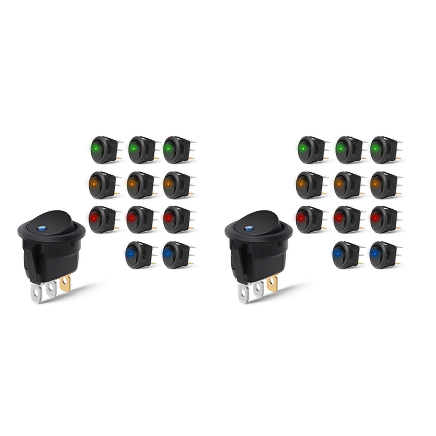 24PCS Round Dot Lighted Rocker Switch Toggle 20A 12V DC On/Off SPST Switch Control, 6Blue+6Green+6Yellow+6Red