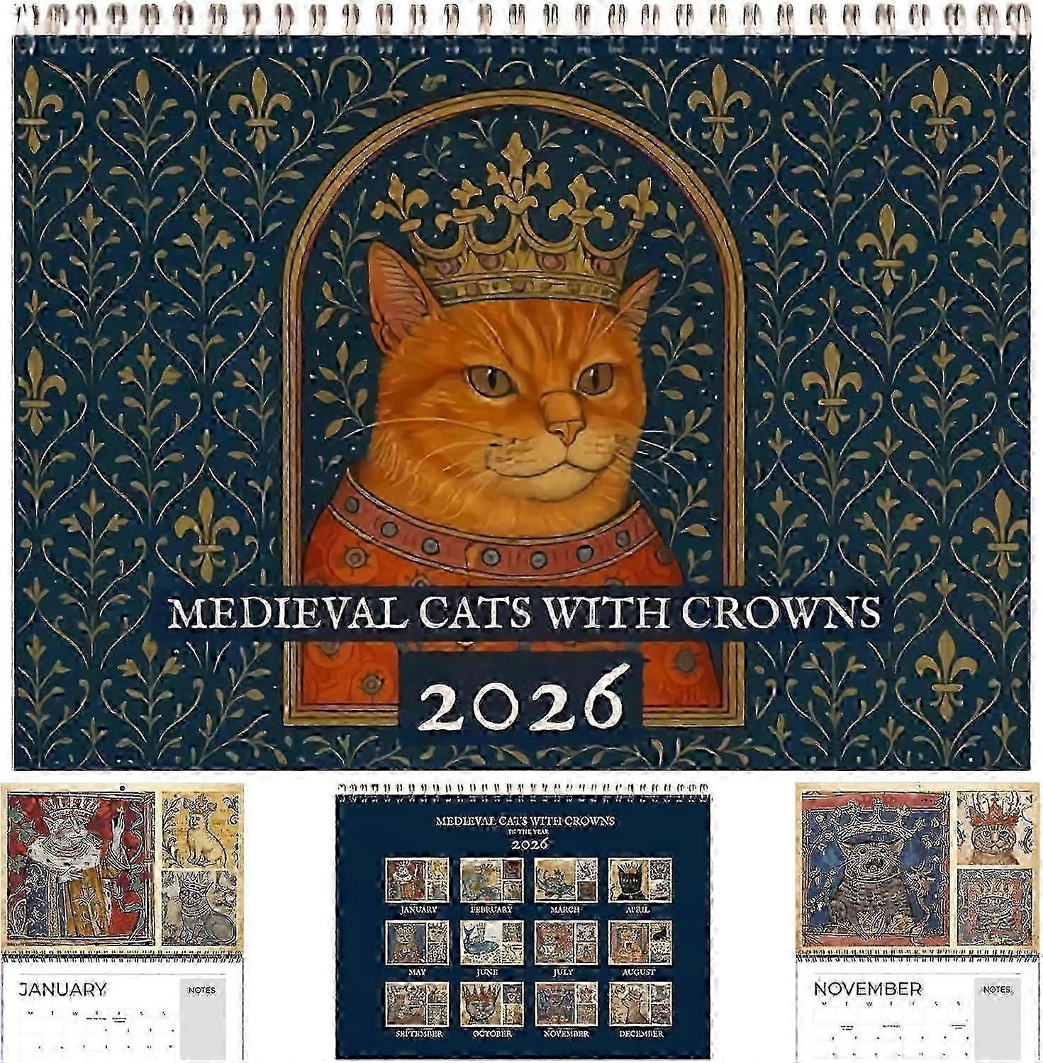 Medieval Cats With Crowns Calendar 2026, Medieval Cats Calendar 2026, Each Month Showcases A Noble Cat Wearing A Crown, Enjoy A Full Year of Medievali