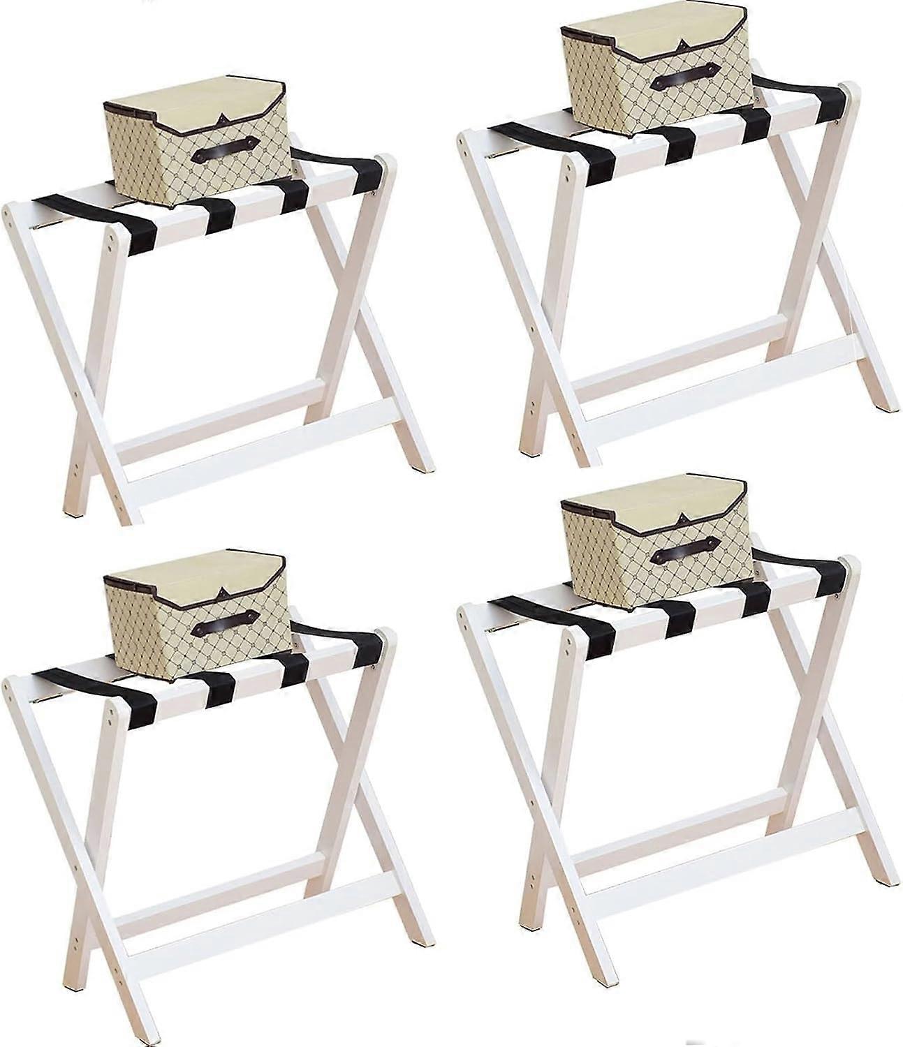 Luggage Rack with DoubleLayer Storage Shelf, Foldable Bamboo Suitcase Stand, White 4pcs