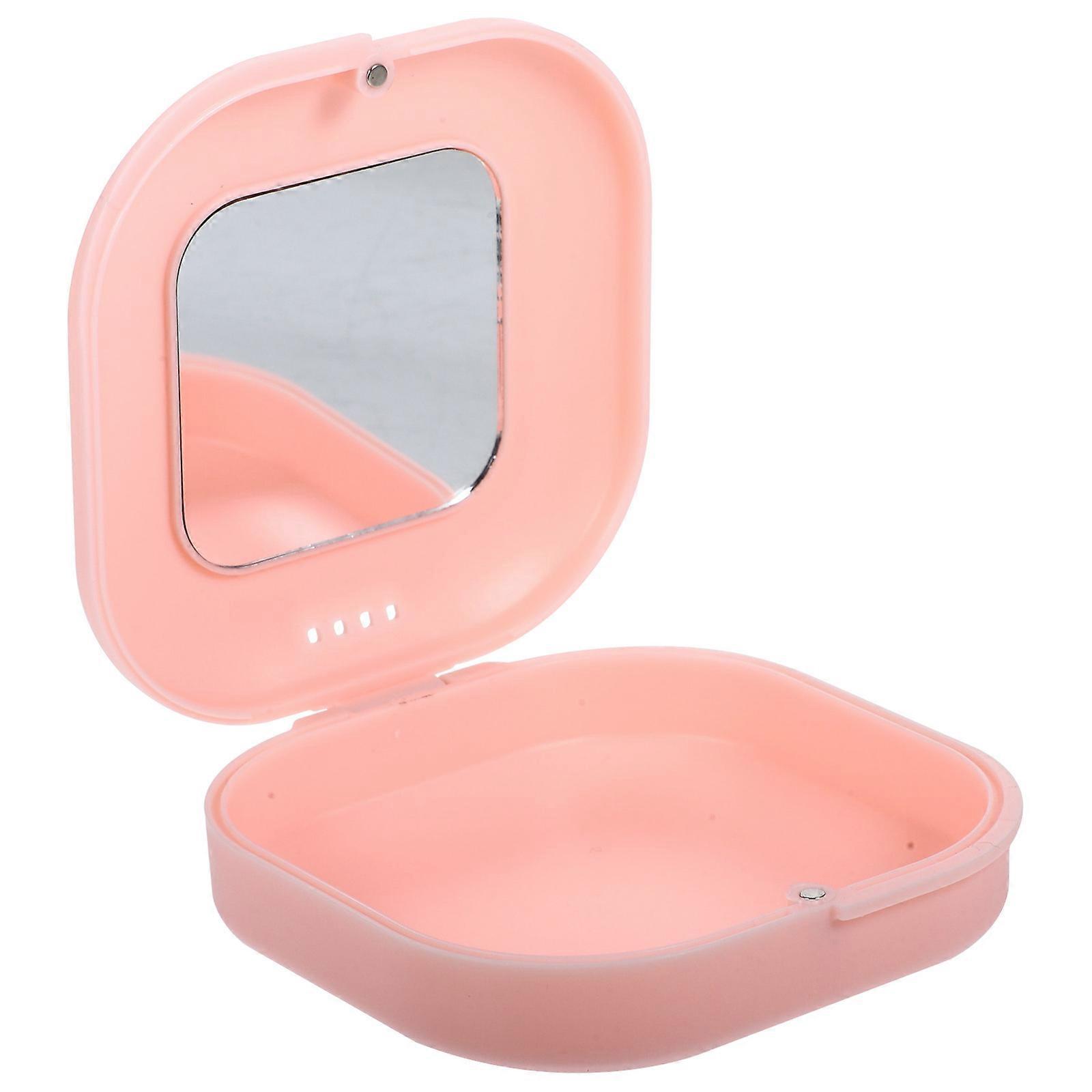 Denture Storage Case Pink Denture Container with Mirror for Storage