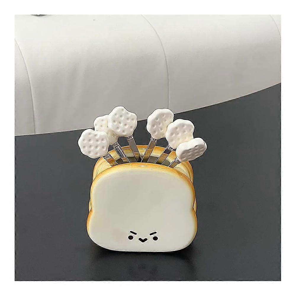 Cartoon BreadShaped Fruit Fork Jar Set with Ceramic Bread Storage and Stainless Steel Forks, White