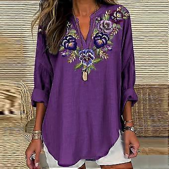 Paarse linnen zomertop in grote maten, blouse met lange mouwen, V-hals en bloemenprint voor dames – geschikt voor maat M
