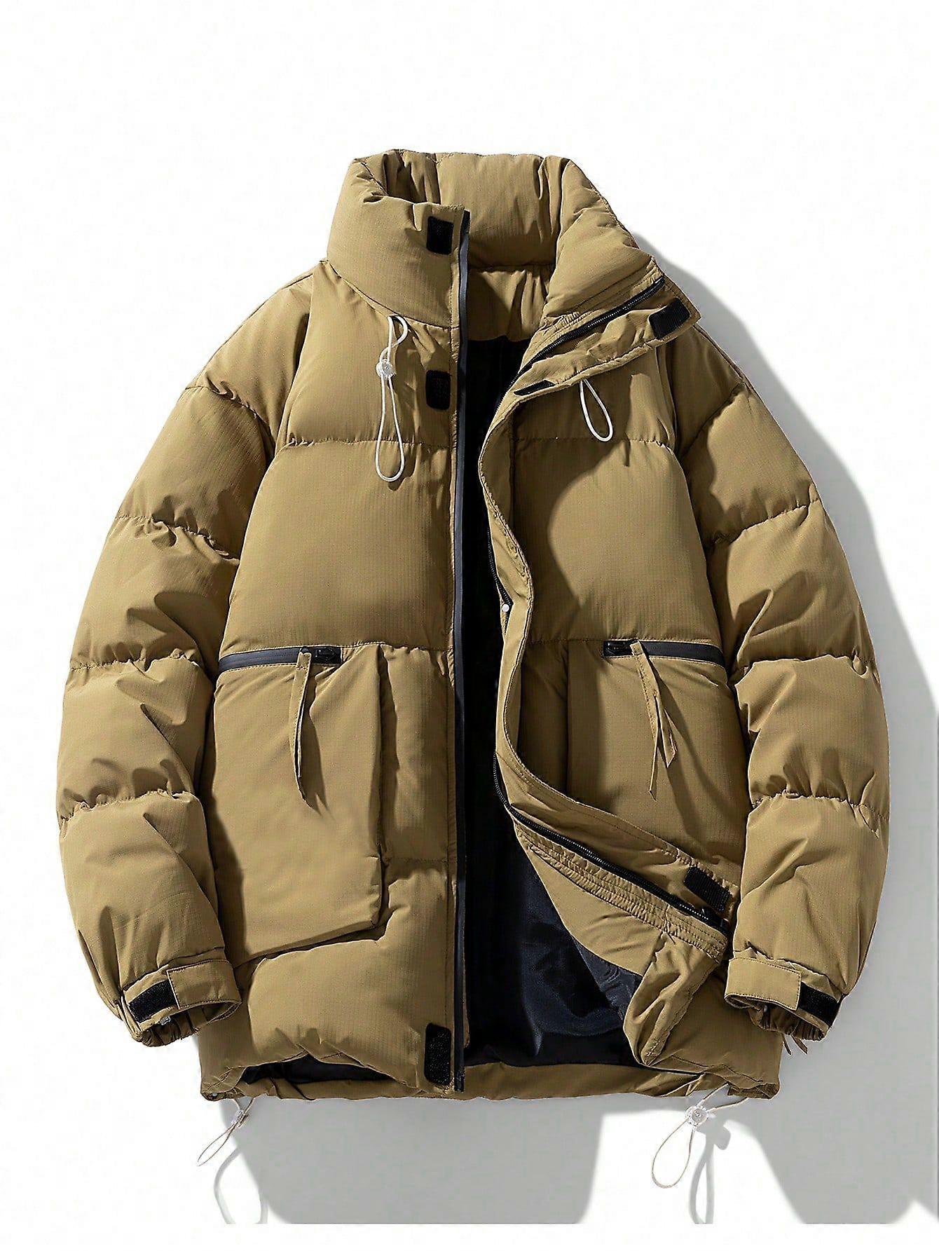 Men Drawstring Hem Zipper Puffer Coat