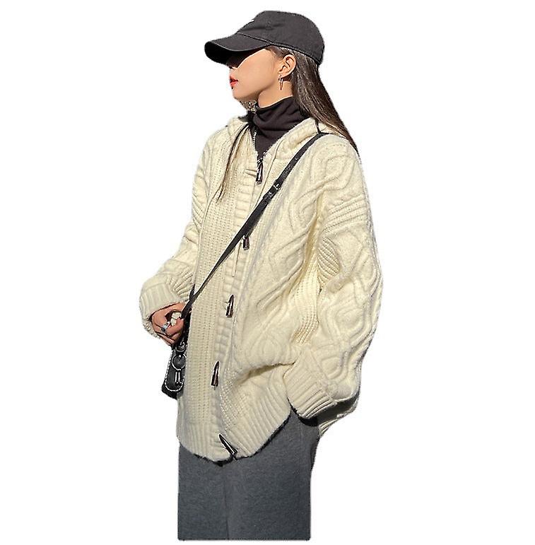 Retro Horn Button Hooded Sweater Women's Loose And Idle Plus Size Thick Knit Cardigan Coat