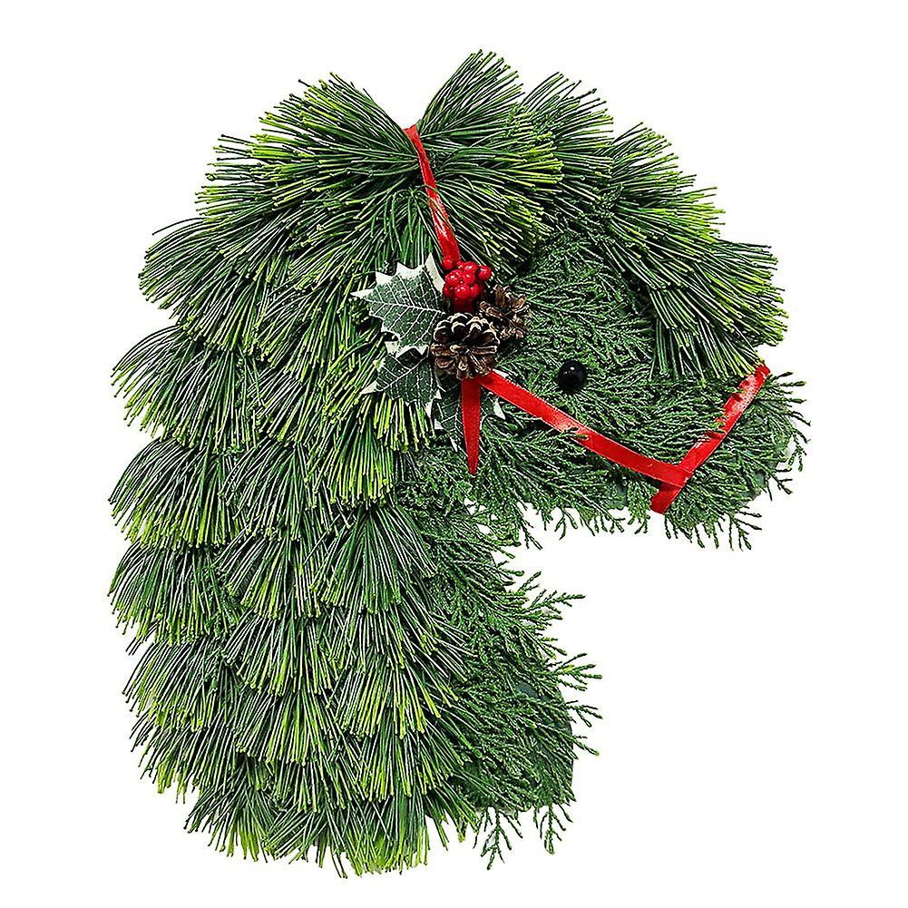 Horse Head Wreath for Front Door, Artificial Pine Branches Wreath with Red Ribbon Decor Rustic Arti