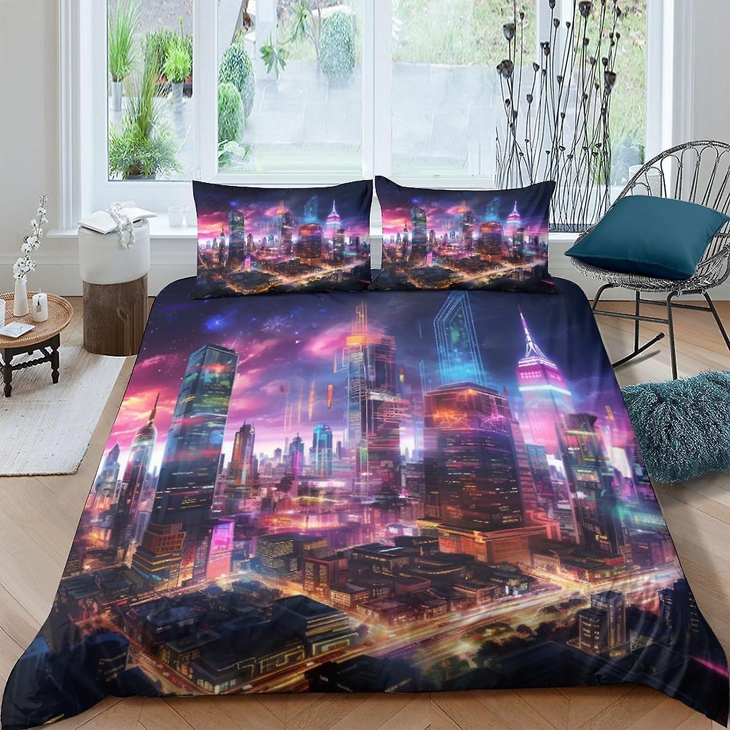 VCLUST City Night Scene Påslakan Pojkar Barn 3 Stycken Sängkläder, lätt Täcke Skydd Microfiber Tredimensionellt 3D-tryck Täcke Täcke Med Pillo