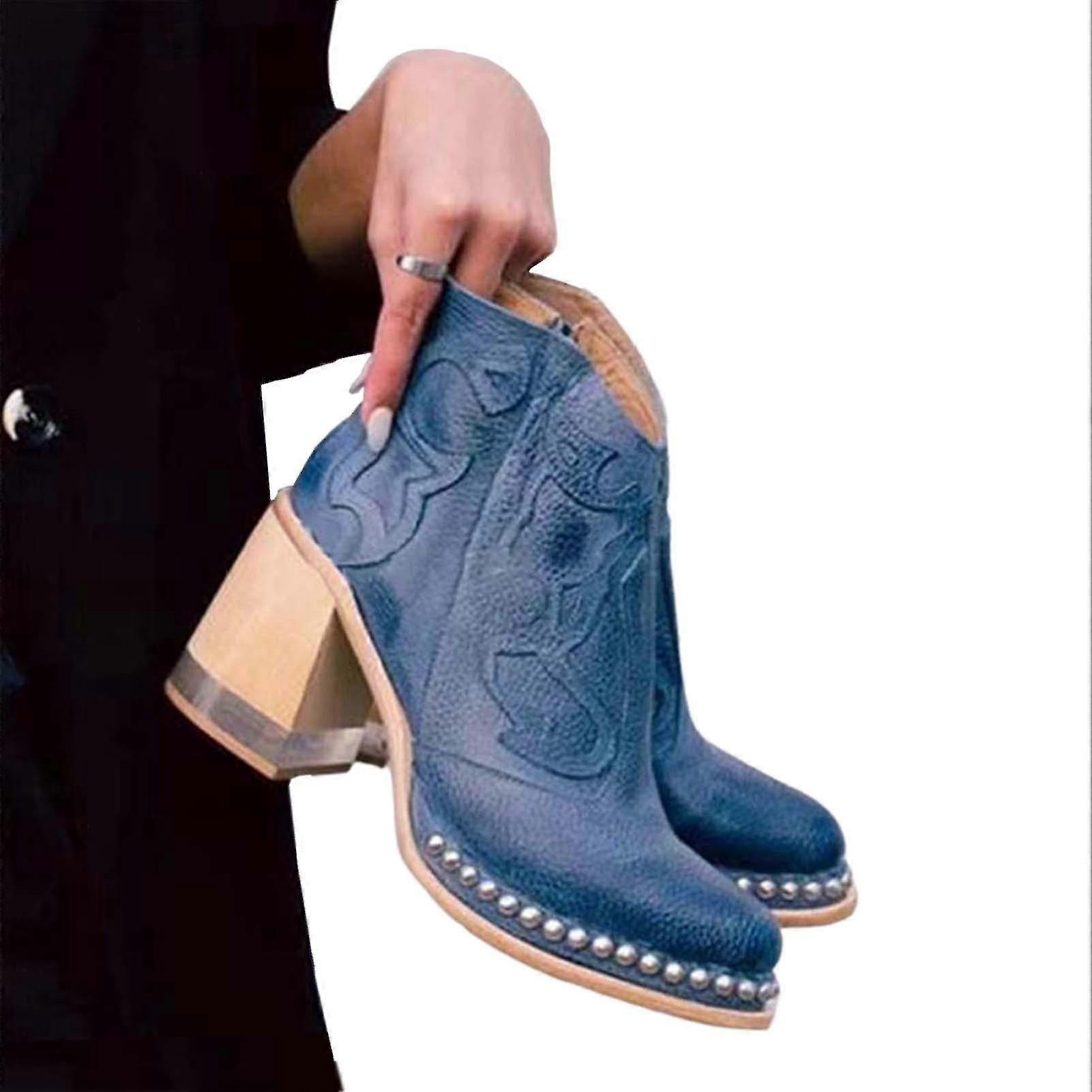 Femei Broderie Gleznă Retro Bloc Tocuri Pantofi Toc Înalt Scurt