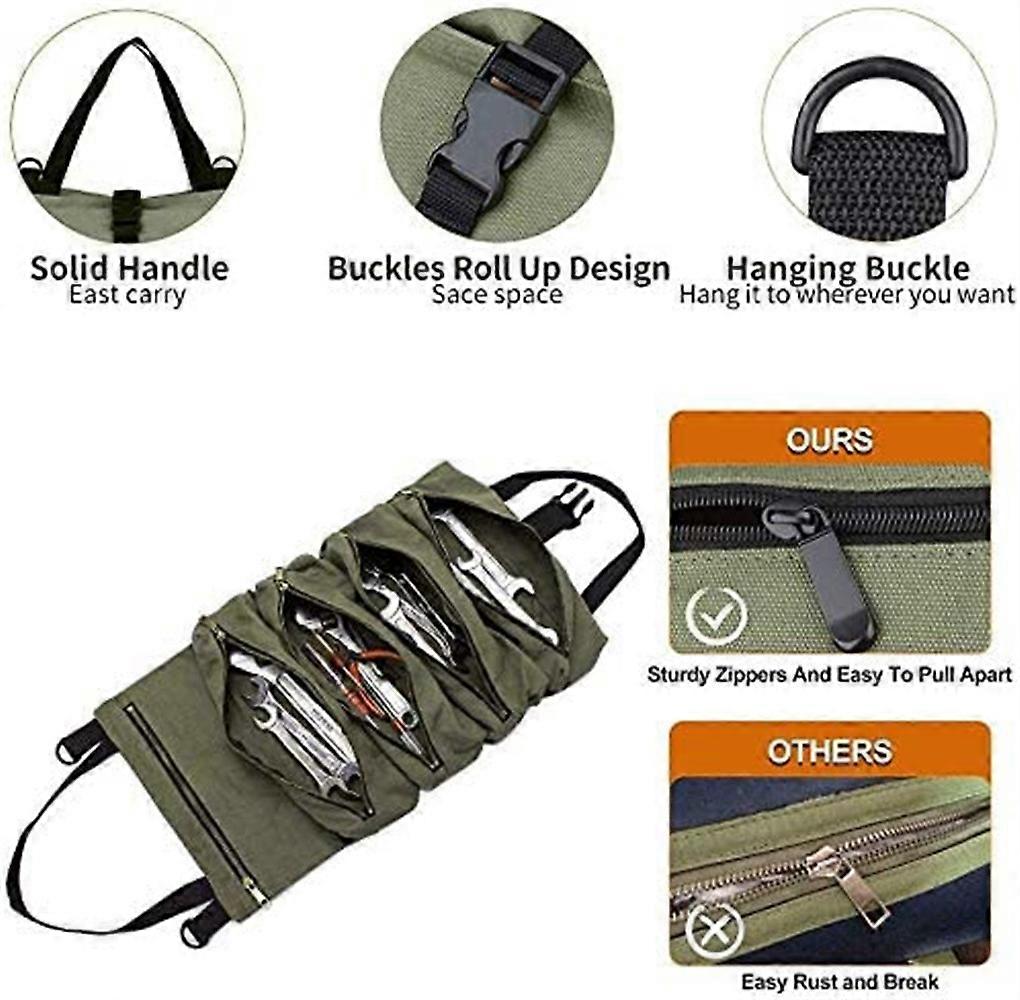 16A Canvas Roll-Up Tool Bag with 5 Zippered Pockets, Multi-Function Tool Pouch (Green)