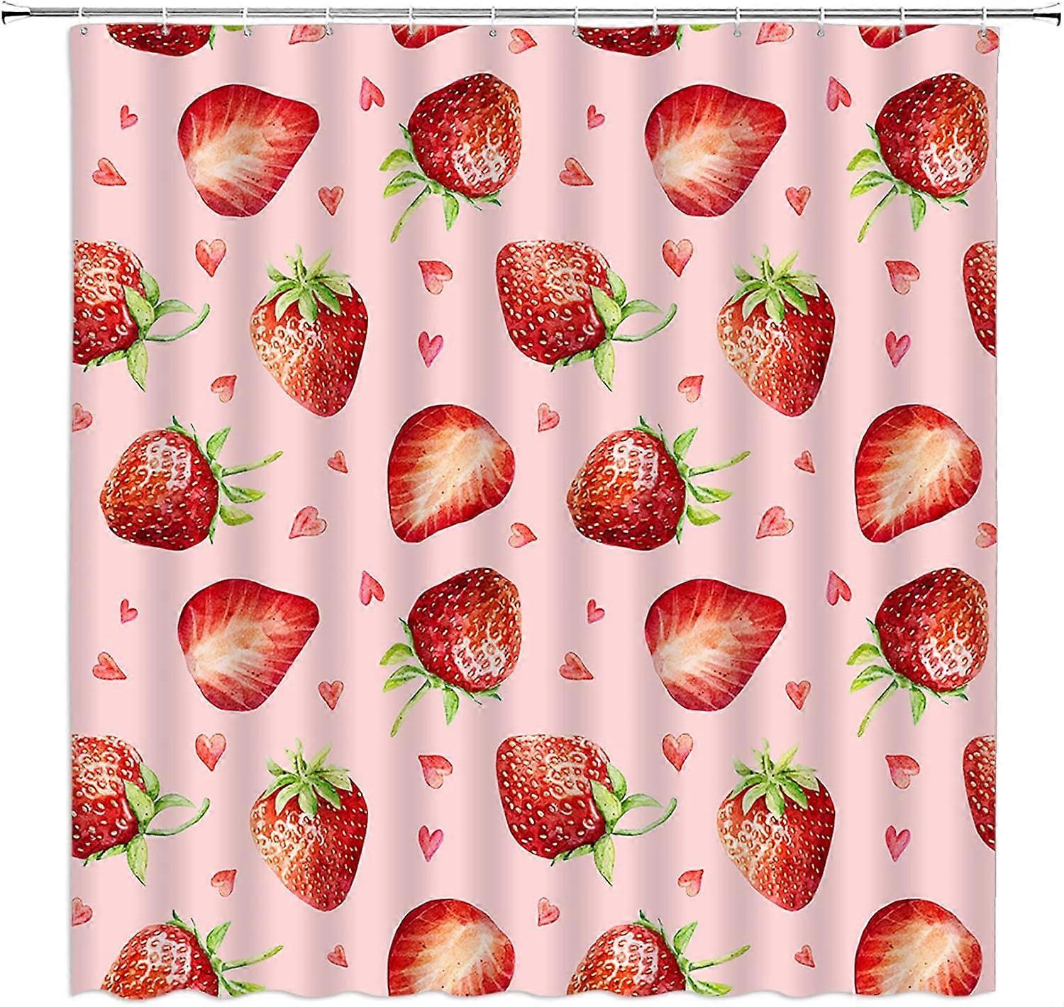 Perdea de duș cu căpșuni Drăguț roz căpșuni Fructe roșii Acuarelă Căpșuni Primăvară Vară Fructe Floră Frunze Țesătură Set de decor pentru baie cu cârlig