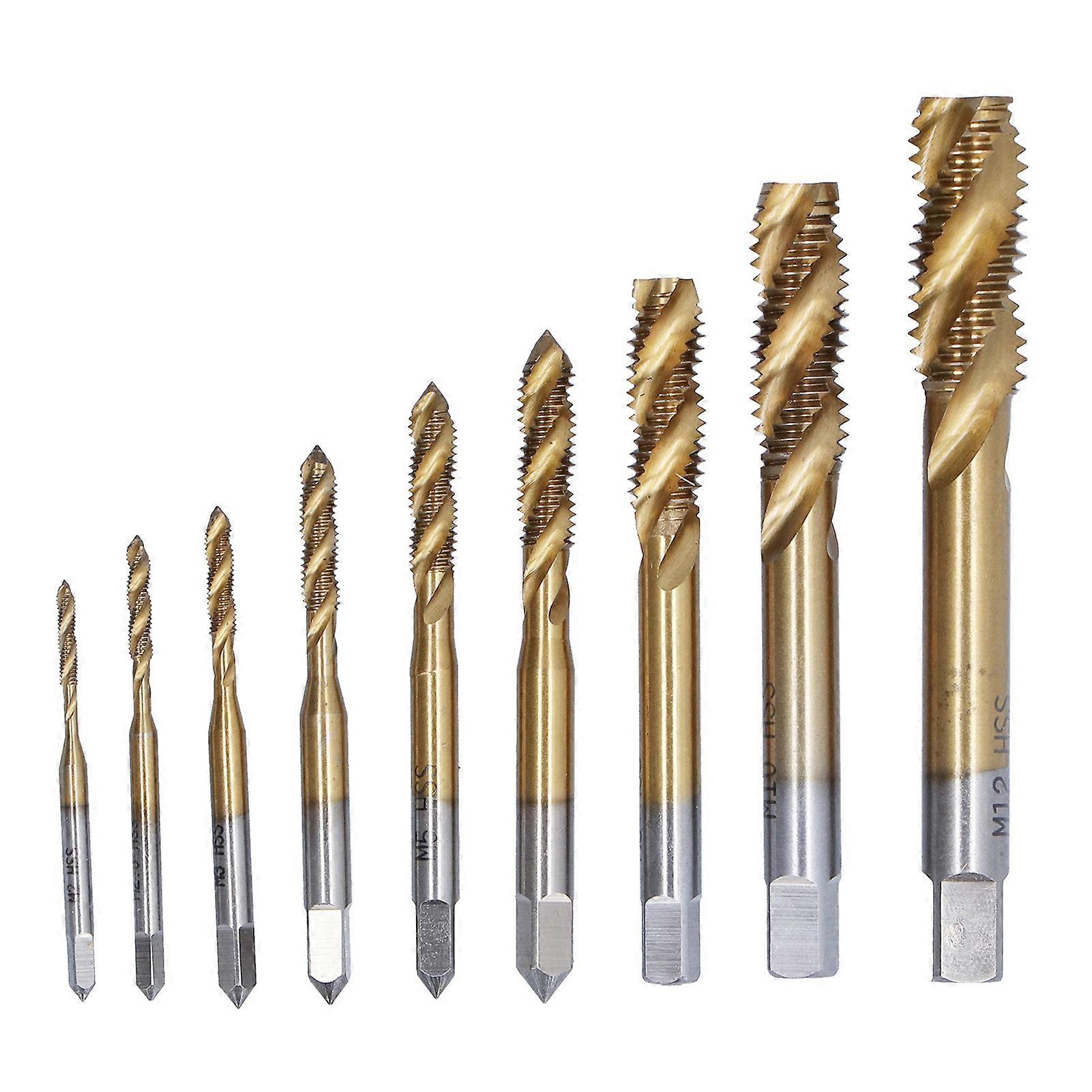 Set di maschi per scanalatura a spirale Ti rivestito HSS Filettatura Filettatura Utensile manuale Hardware 9 misure M2? M12