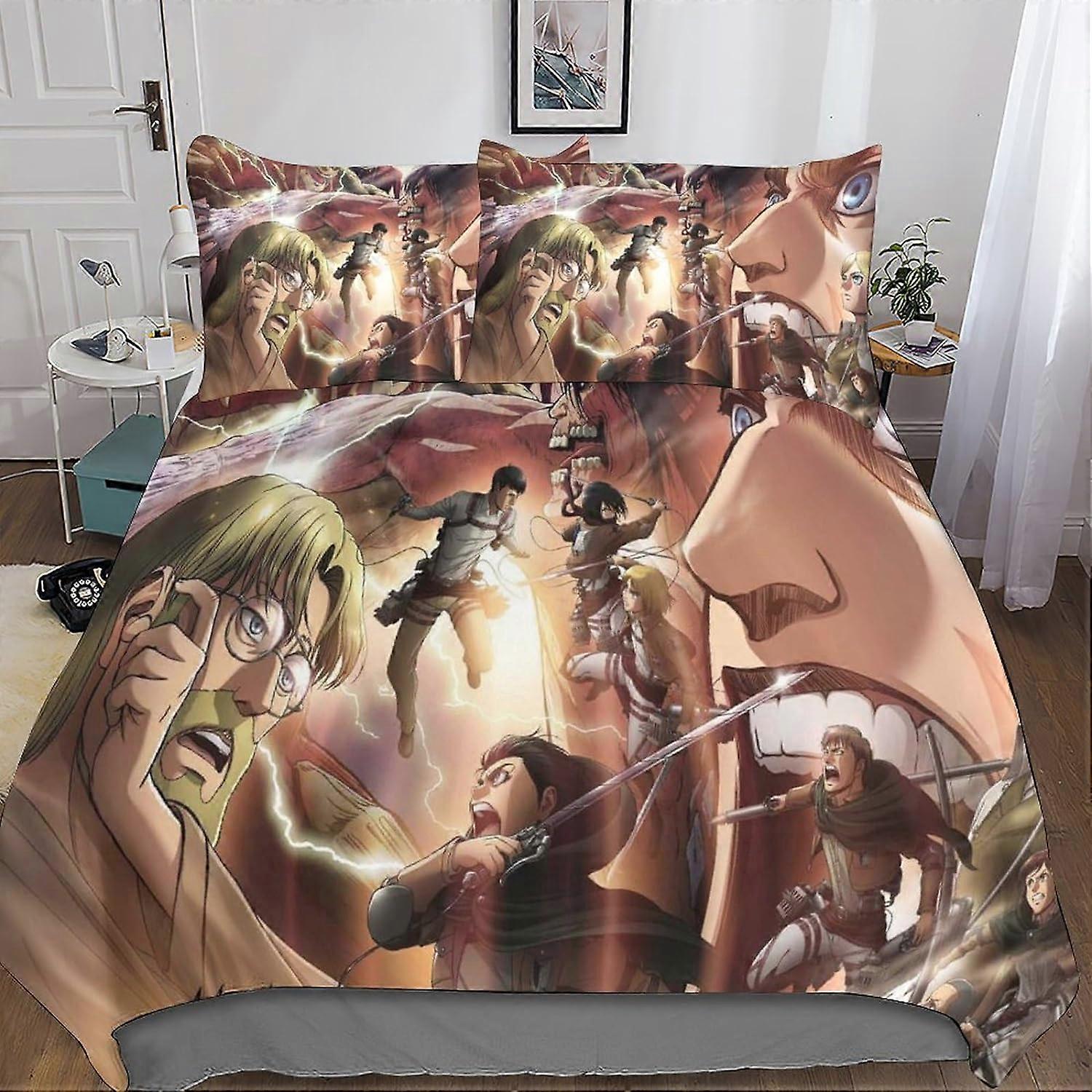 3D Attack on Titan Duvet Cover, 3 Pieces with Pillowcases, Microfiber Set, Zipper Closure, Bedding Set for Adults and Children