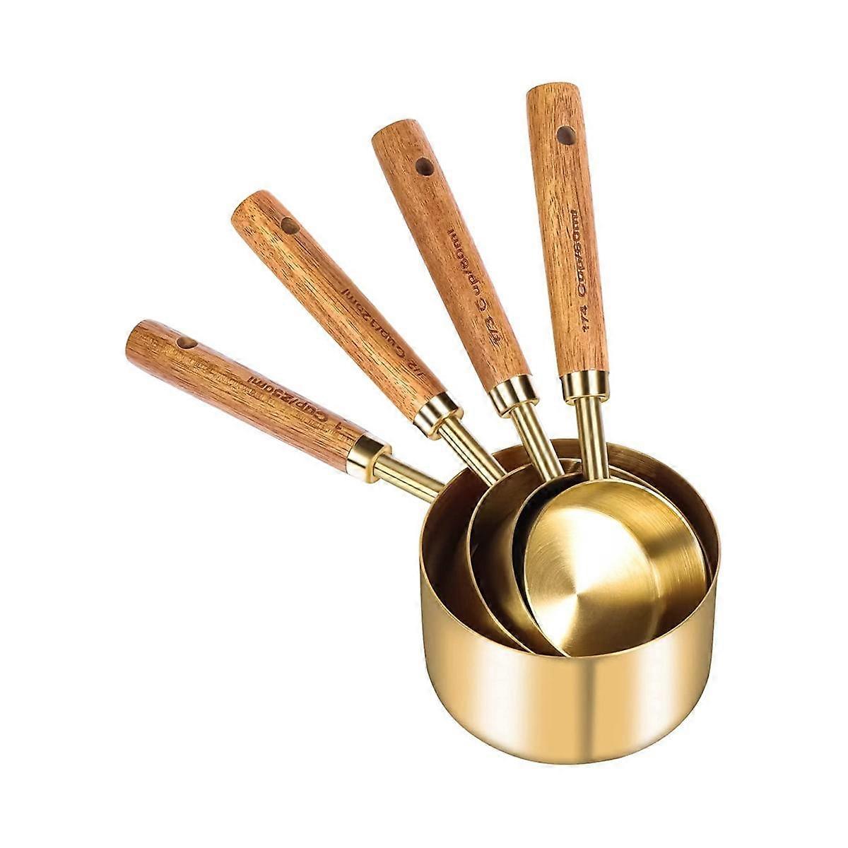 Measuring Cups and Spoons 8, Wood Handle with Metric and US Measurements,Stainless Steel, for Cooki