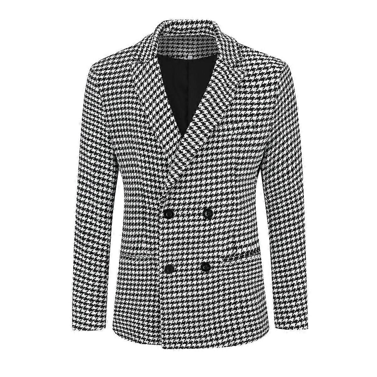 Mens Black And White Plaid Double Breasted Button Slim Fit