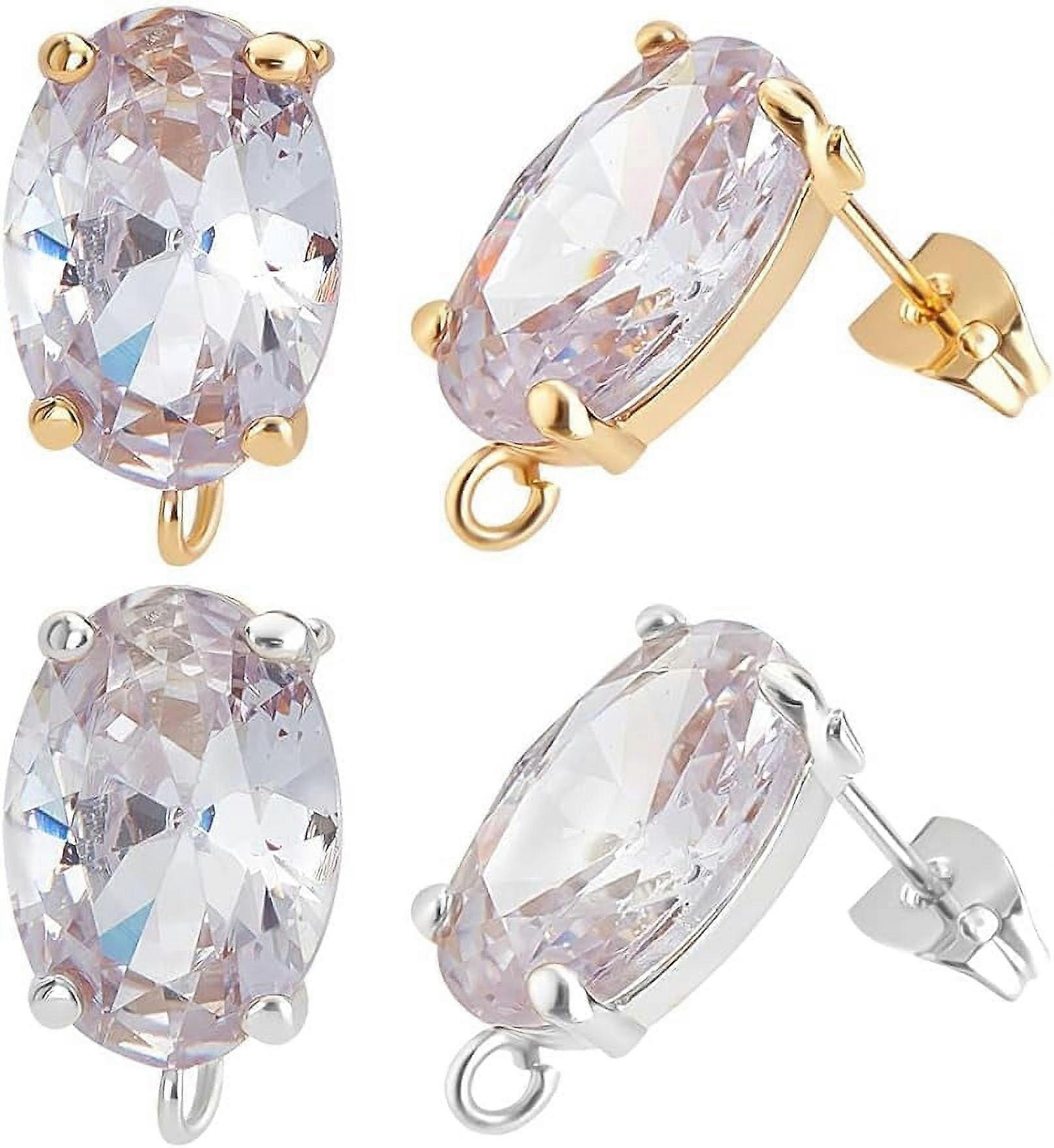 6 Pairs 2Colors Cubic Zirconia Stud Earring Findings Oval Diamond Stud Earrings with Loop Gold and Silver Color Earring Component for DIY Earring Jewe