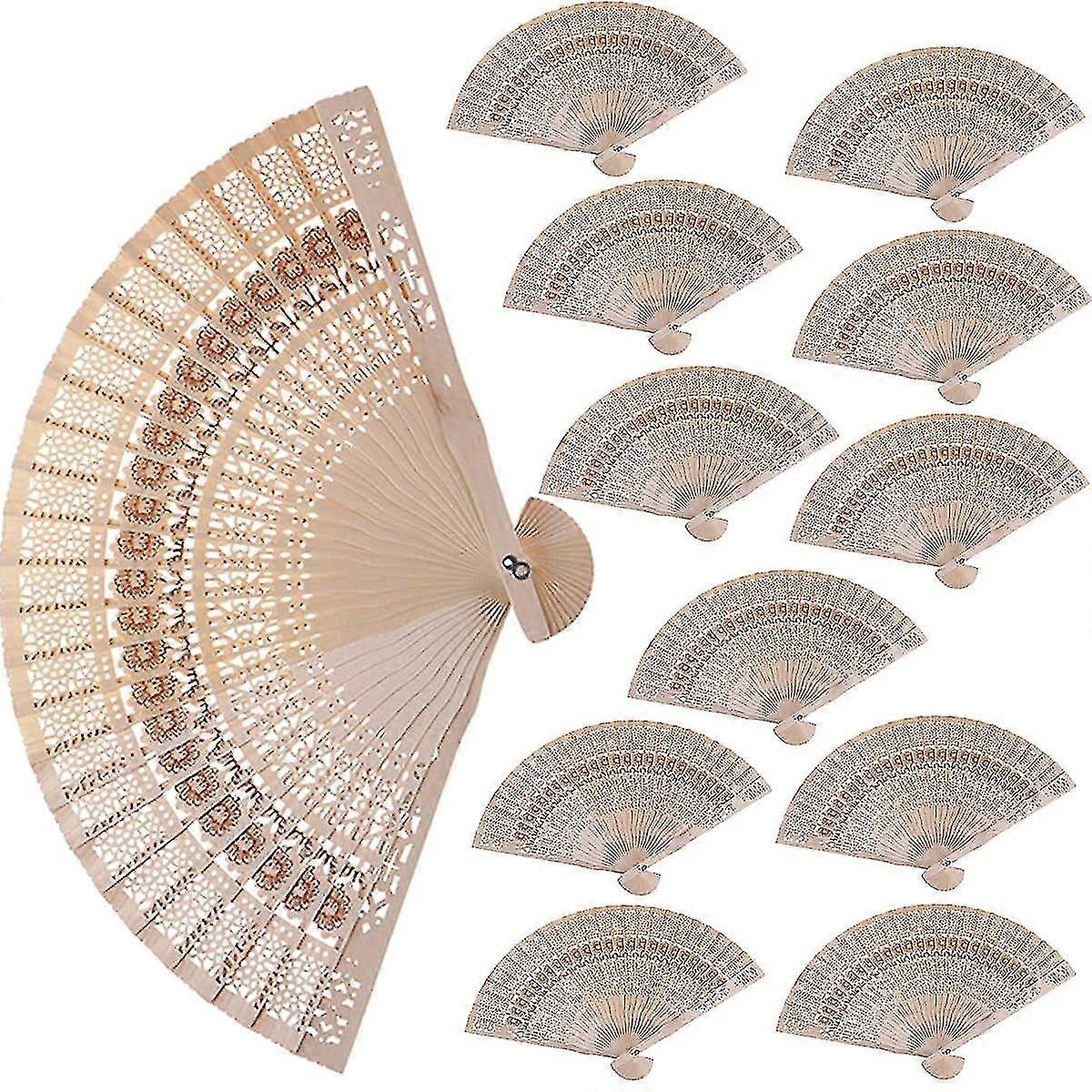 12 قطعة مروحة خشب الصندل ، 8 بوصة خشبية صينية مخرمة شخصية مروحة قابلة للطي لحفل زفاف ديكورات المنزل