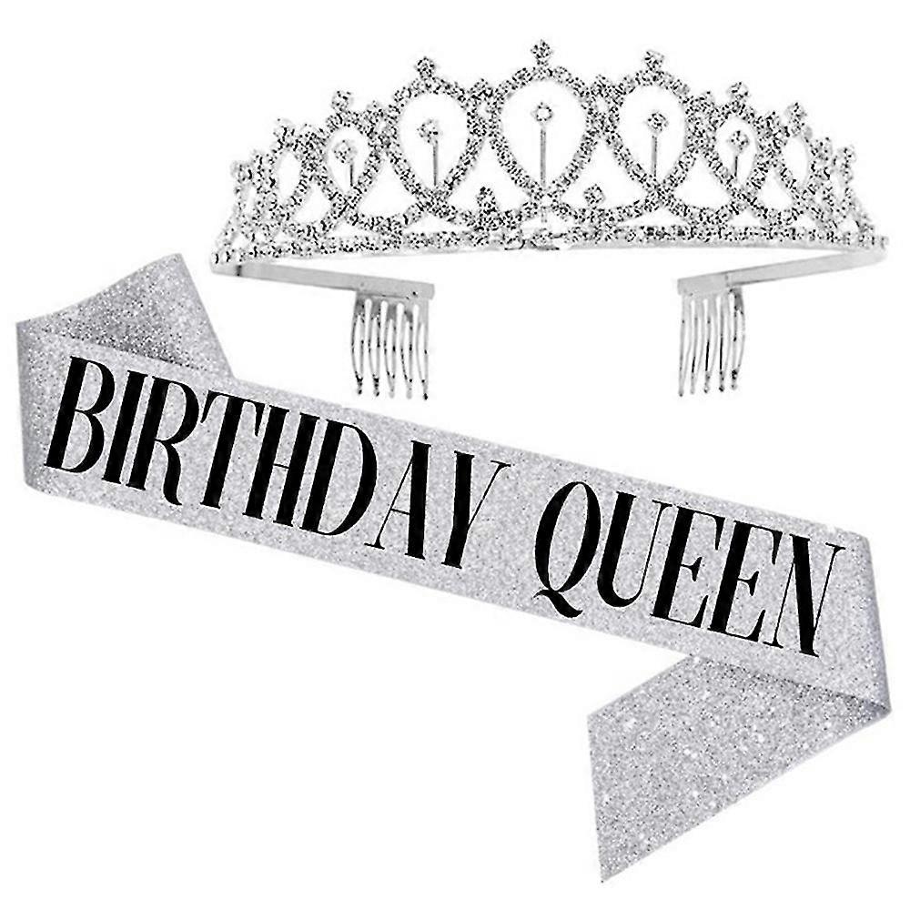 Women Girls Shoulder Sash Crystal Crown Headband Set Happy Birthday Party Prop