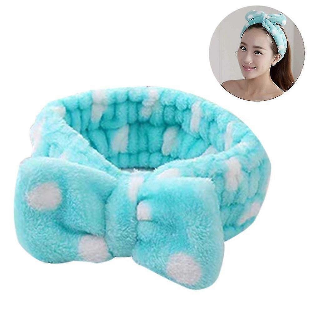 Women's Soft Fluffy Bow Cosmetic Shower Elastic Hairbandblue And White)