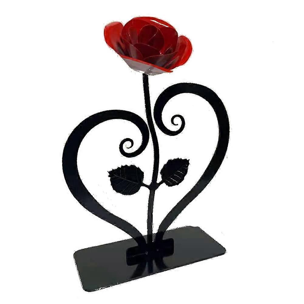 Gift Hand-forged Wrought Iron Red Metal Rose With Heart - Shaped Stand - Iron (red )