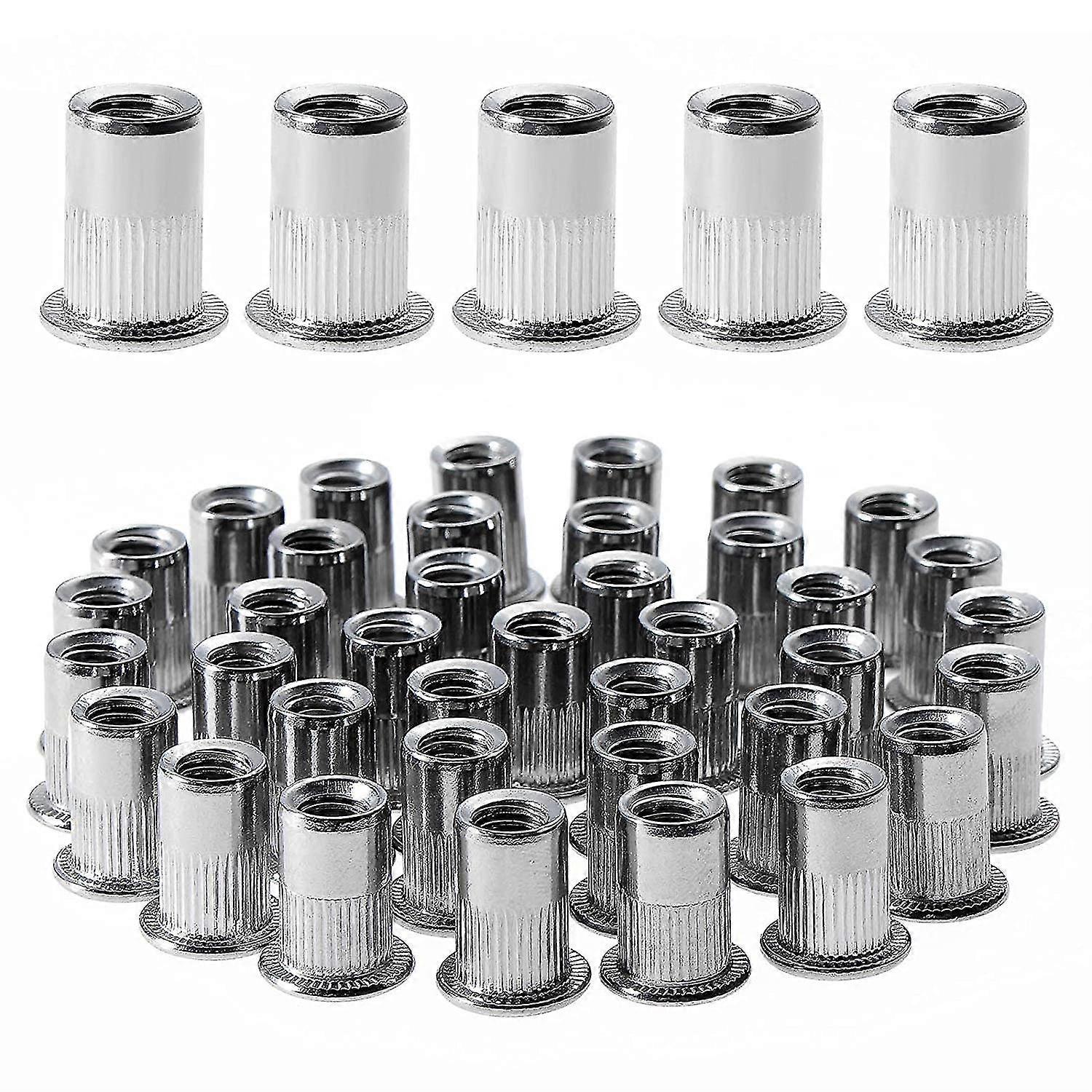 100pcs M6 Flat Head Threaded Rivet Nut Stainless Steel Thread Rivet Nuts Assorted Plastic Mental Thread Inserts (12mm * 15mm)