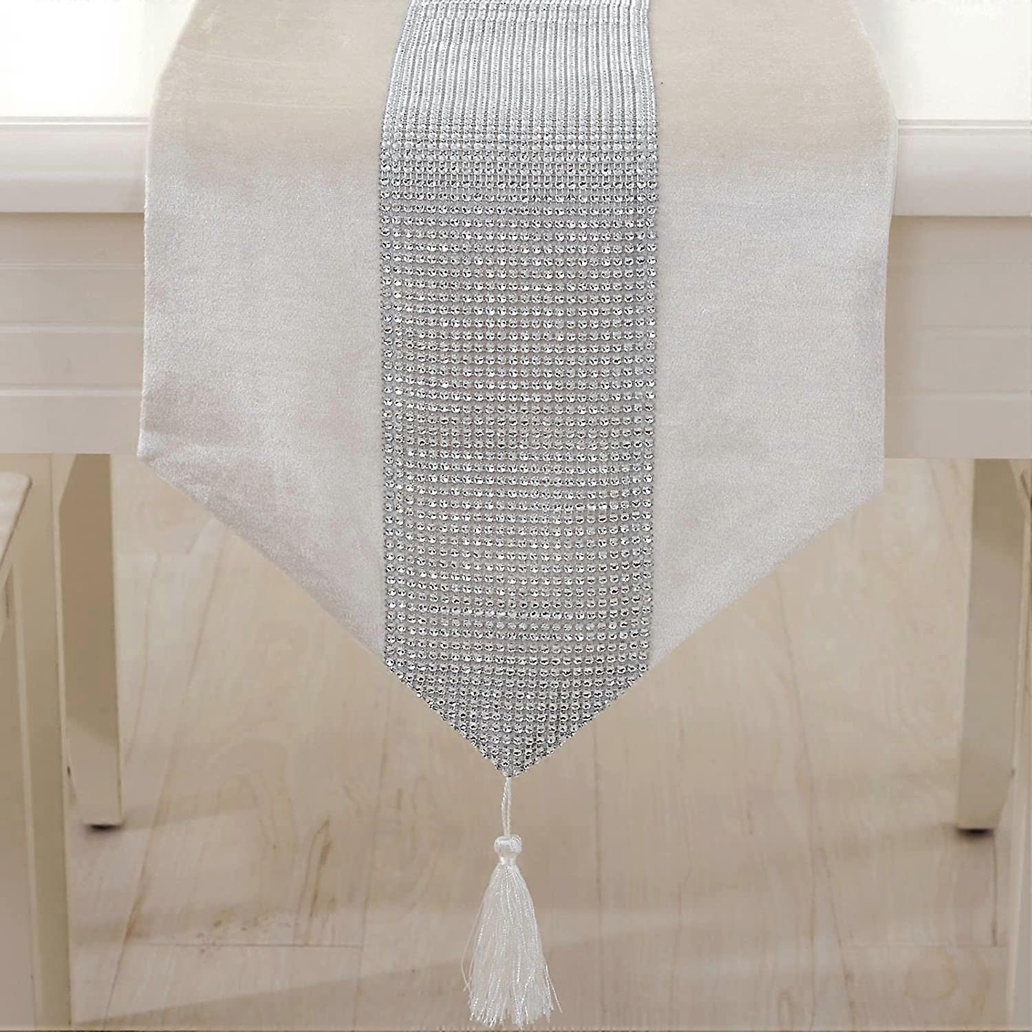 Sequin Rhinestone Diamond Table Runner (13" x 82", Rice White)