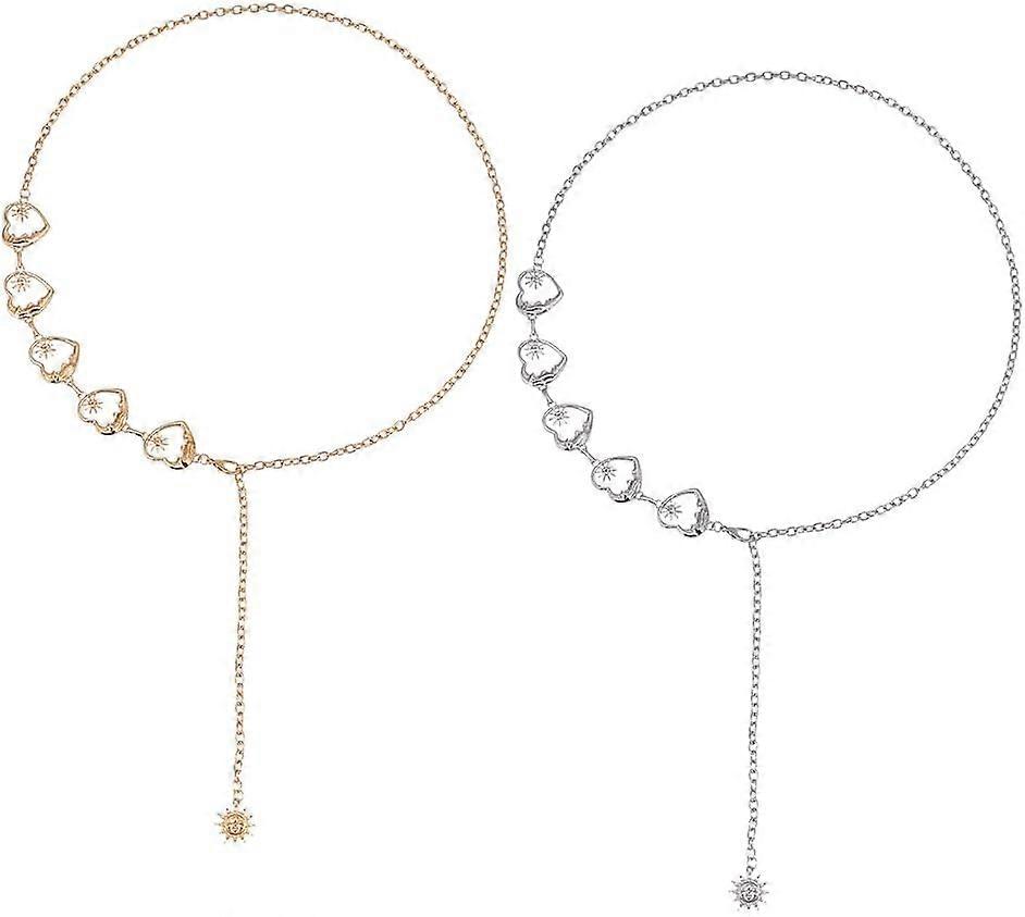 2 Pcs 2 Colors Moons Star Waist Chains 112.2cm/44.17inch Alloy Heart Link Chain Belts Adjustable Link Body Chain Jewelry Shirt Dress Decoration for Je