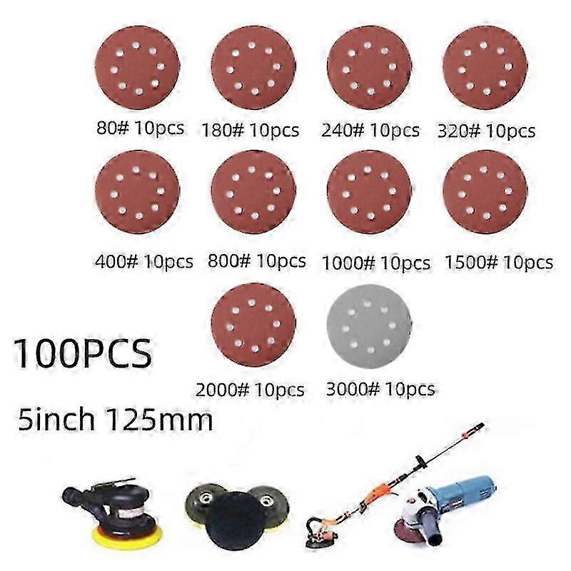 100pcs 125mm Sandpaper Round Shaped Sanding Discs Hook Loop Sandpaper Polishing Sheet Paper 8 Holes