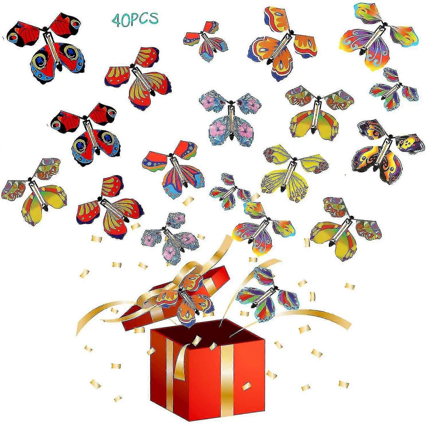 40 κομμάτια της μαγικής ιπτάμενης πεταλούδας νεράιδα πετώντας παιχνίδι ρολόι λαστιχένια ζώνη τροφοδοτημένη πεταλούδα σελιδοδεικτών και δώρο έκπληξη ευχετήριων καρτών