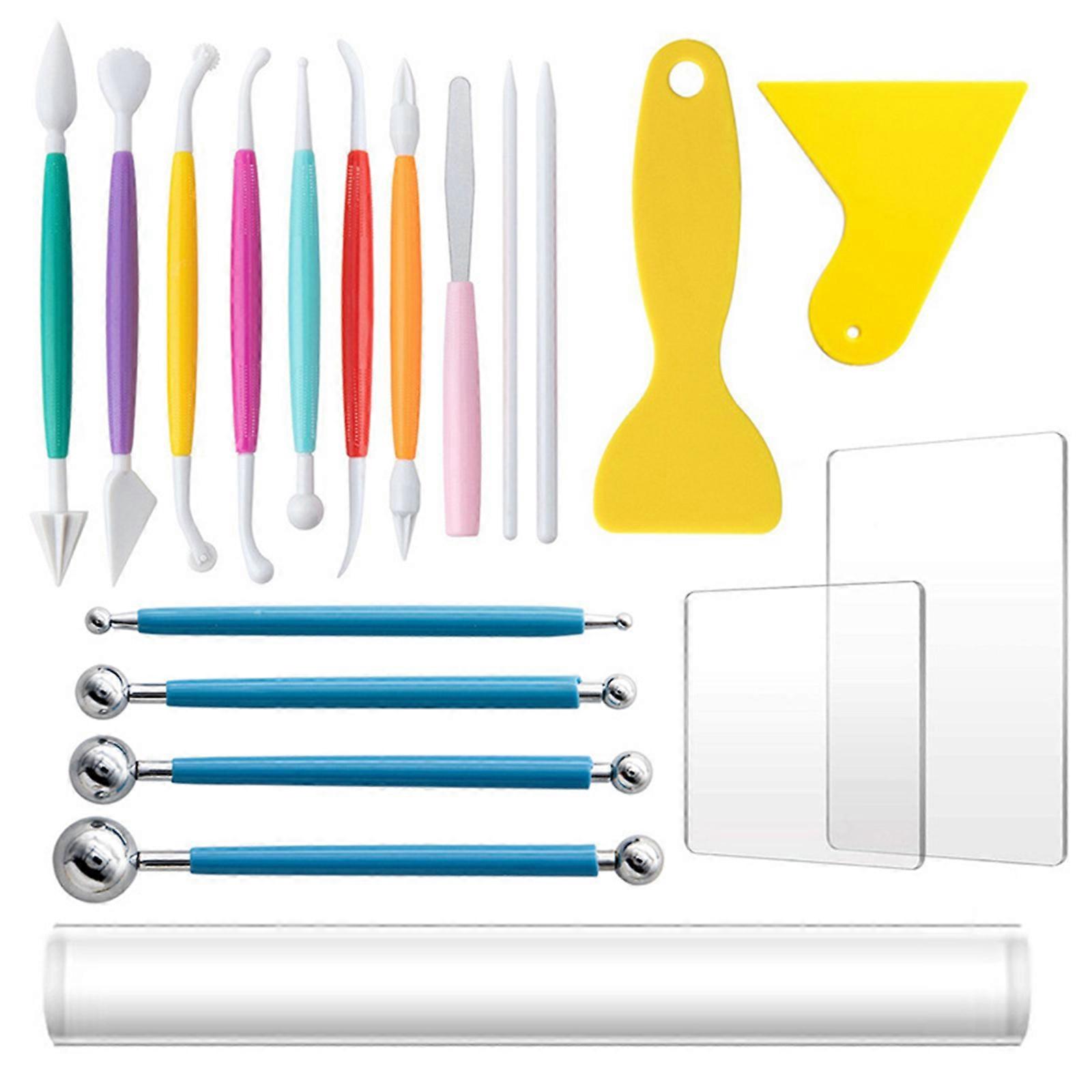 19pcs  Tool Ball Stylus Dotting Tools Modeling Shaping Sculpting Tools Set Acrylic Sheet Clay Roller Scraper Backing Board for Beginners