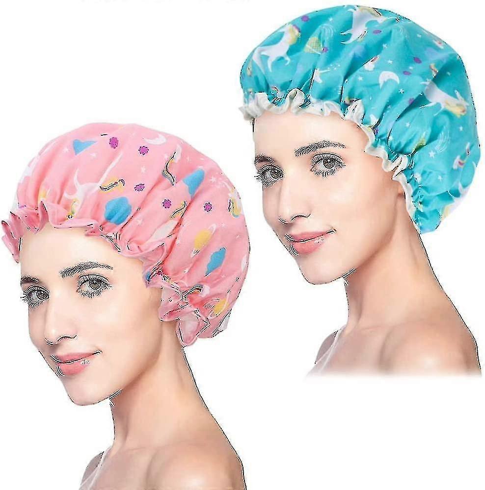 Shower Cap 2pcs, Double Layer Waterproof Shower Caps For Women Reusable