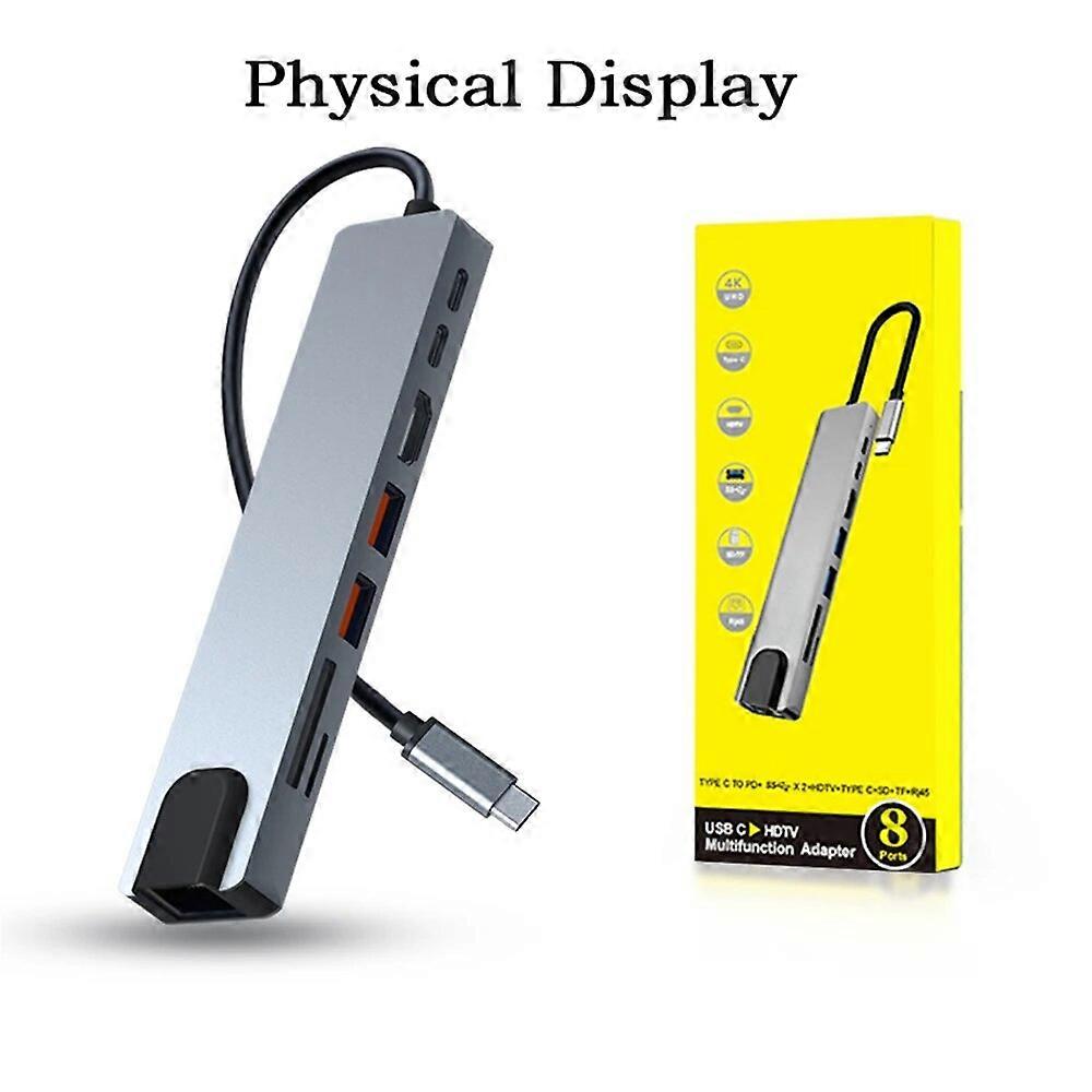 8 In 1 USB Type C Hub to 4K HD Adapter with RJ45 SD/TF Card Reader PD Fast Charge for MacBook Notebook Laptop Computer
