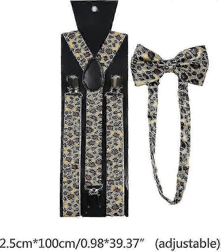 Unisex Suspender Bow Tie Set Wide Leopard Print Adjustable 3 Clip-on Y-back Belt, Yellow