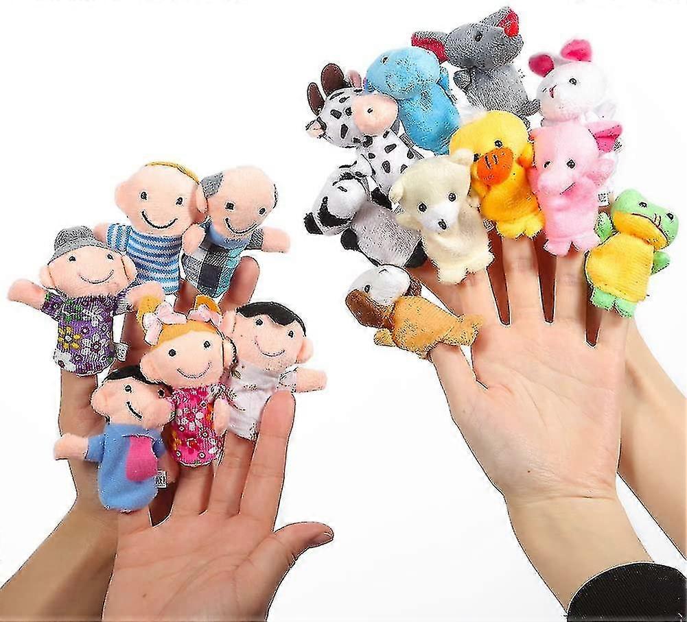 Finger Puppets Set Story Time 16 Pcs - 10 Animals And 6 People Family Members