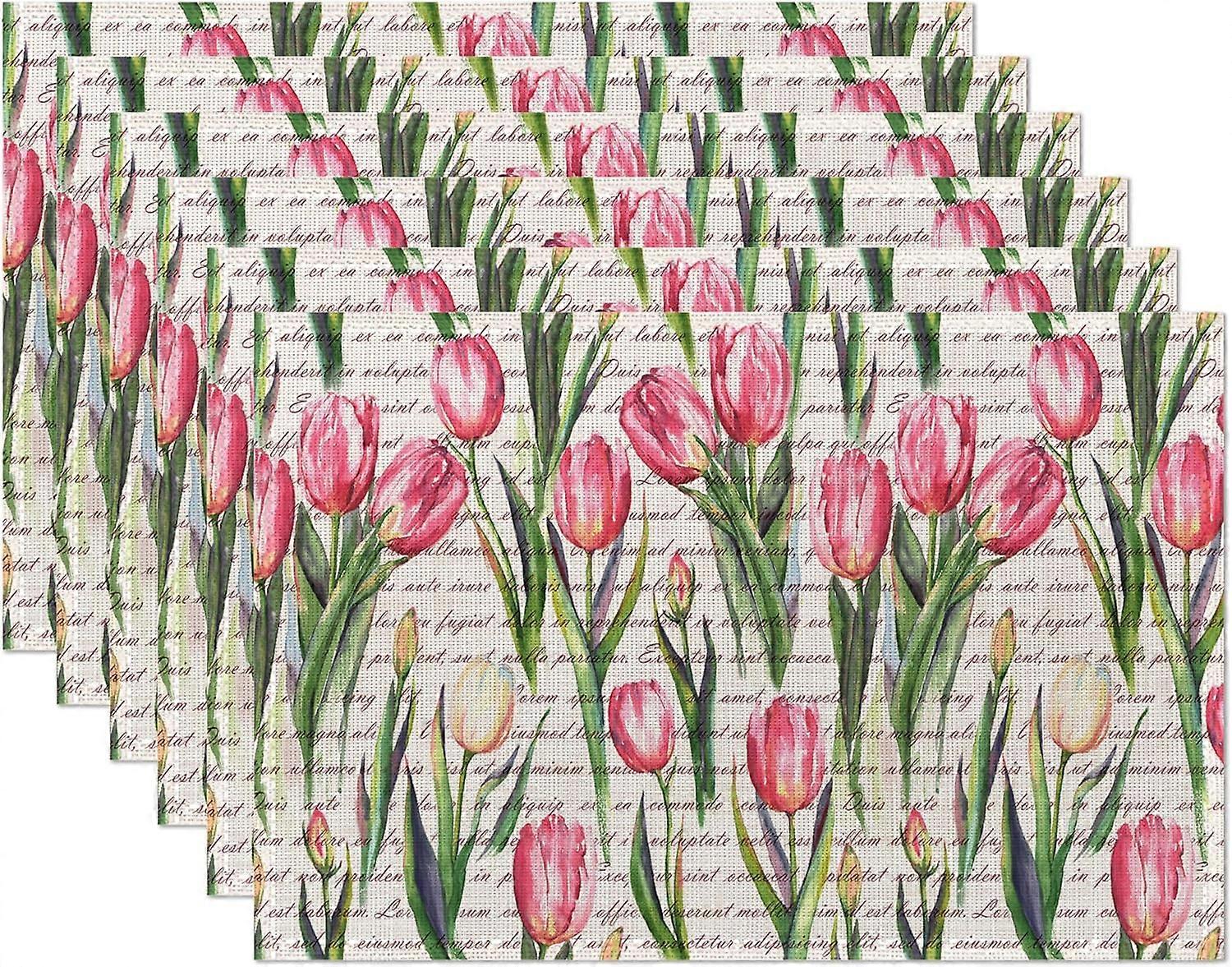 Lalele Placemats Set de 6,Lalele roz romantice Vintage Text Table Mats Non-Slip Rezistent la căldură Placemat lavabil pentru Party Bucătărie Dining Table Decora