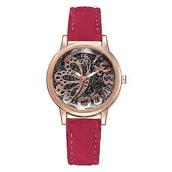 Femmes PU Strap Montre Alliage Quartz Papillon Motif Miroir Cadran Montre-bracelet (Rose Rouge)
