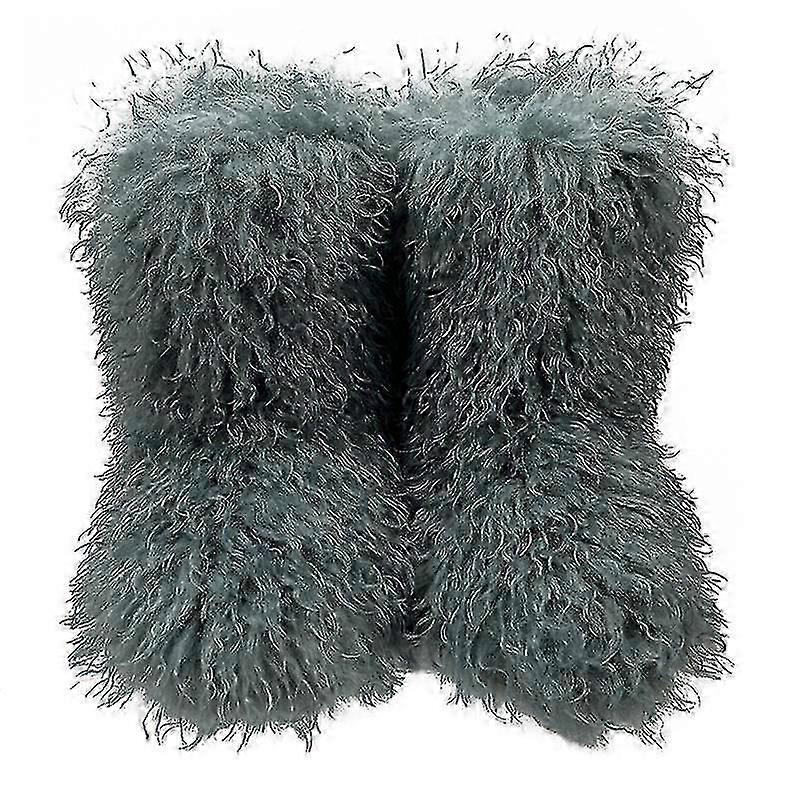 Botas de Pele Falsa Para Mulheres Fuzzy Fluffy Furry Round Toe Suede Botas de Inverno Sapatos Baixos-Yvan