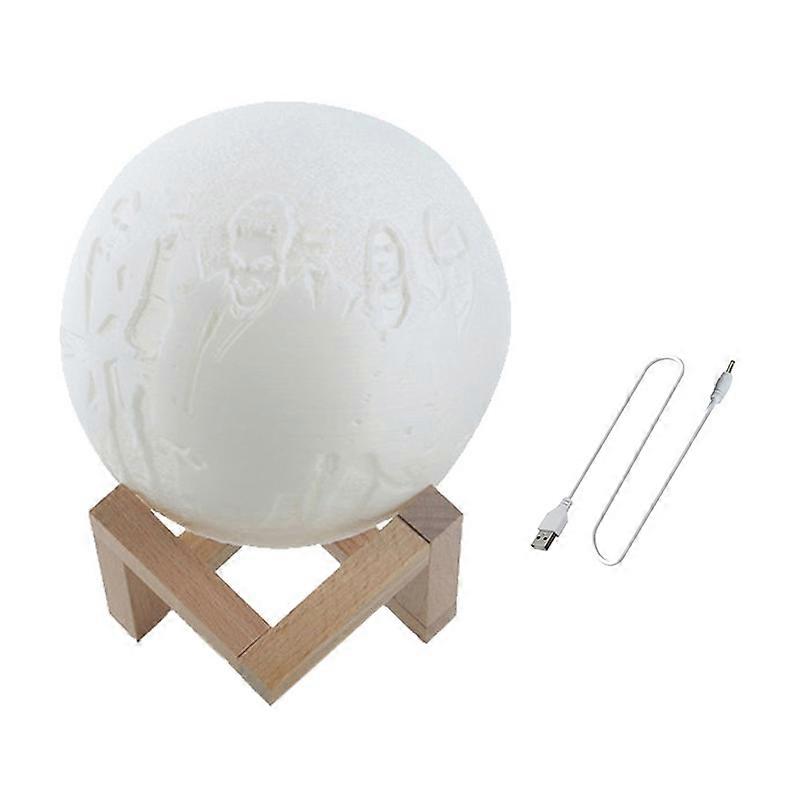 Customized Patted 3-color 3D Print Lamp USB Charging Energy-saving LED Night Light with Wooden Holder Base, Diameter:15cm