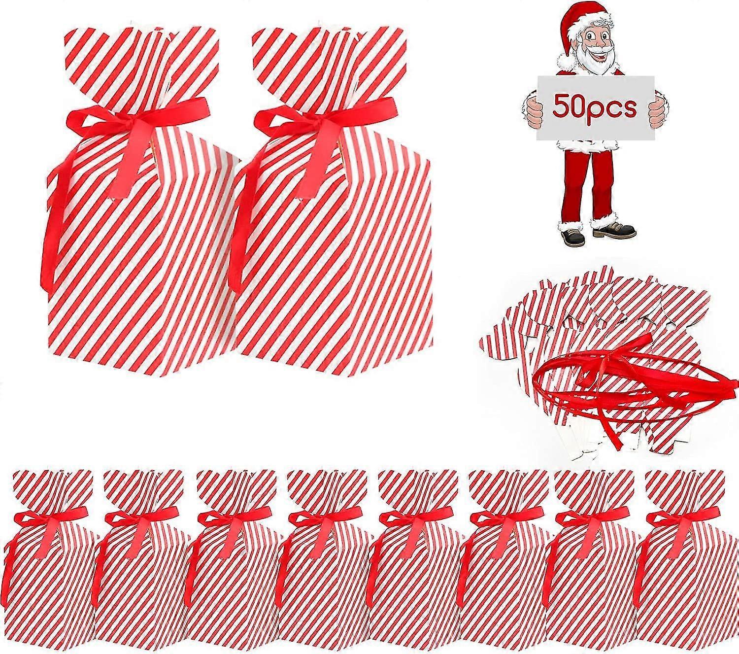 Candy Box For Favor Christmas Box Gift 50 Ribbon, Xmas Diy Gift Cake Boxes Party Bags Gift Party Dessert Cookie Paper Packagingred, White50pcs