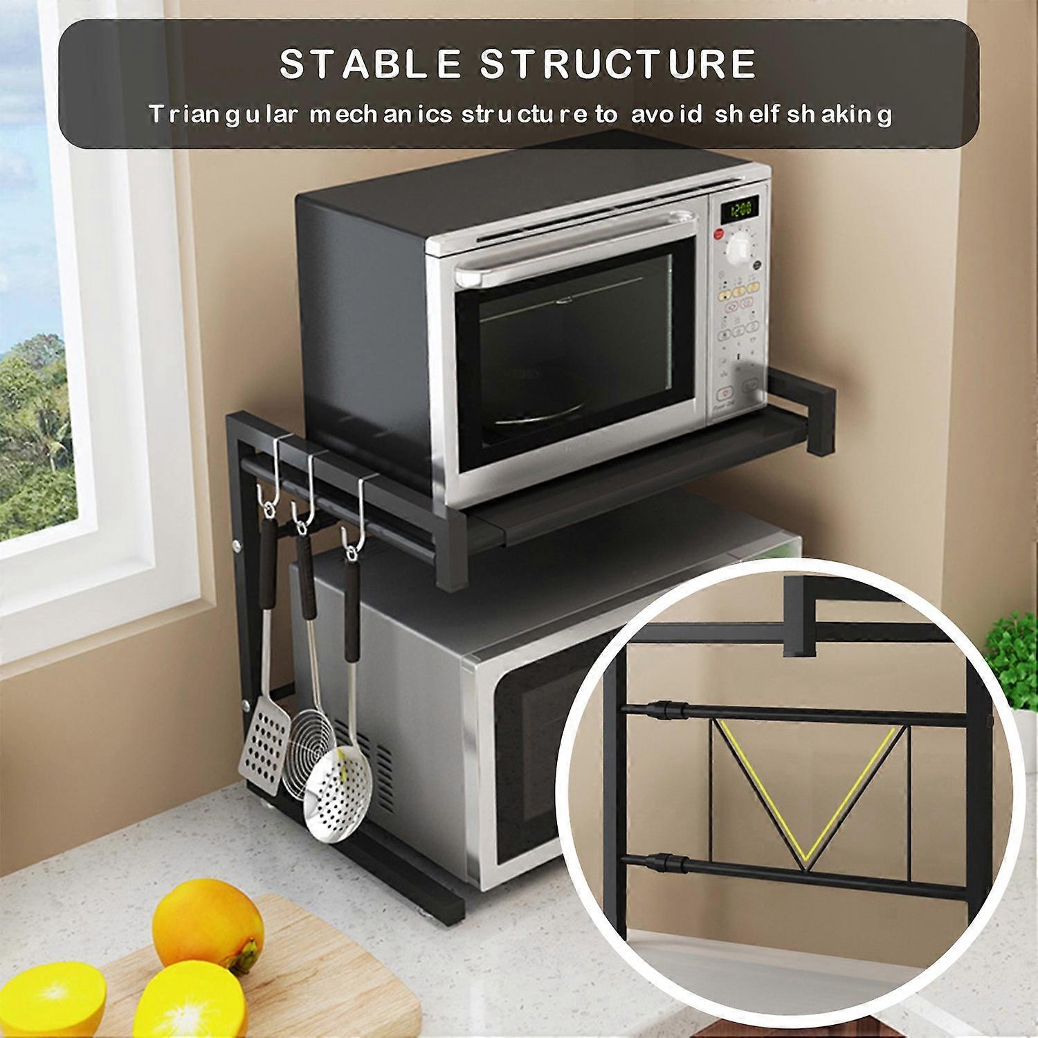 Expandable Microwave Oven Rack with 3 Hooks Adjustable Metal Microwave Stand Steel Toaster Rice Coo