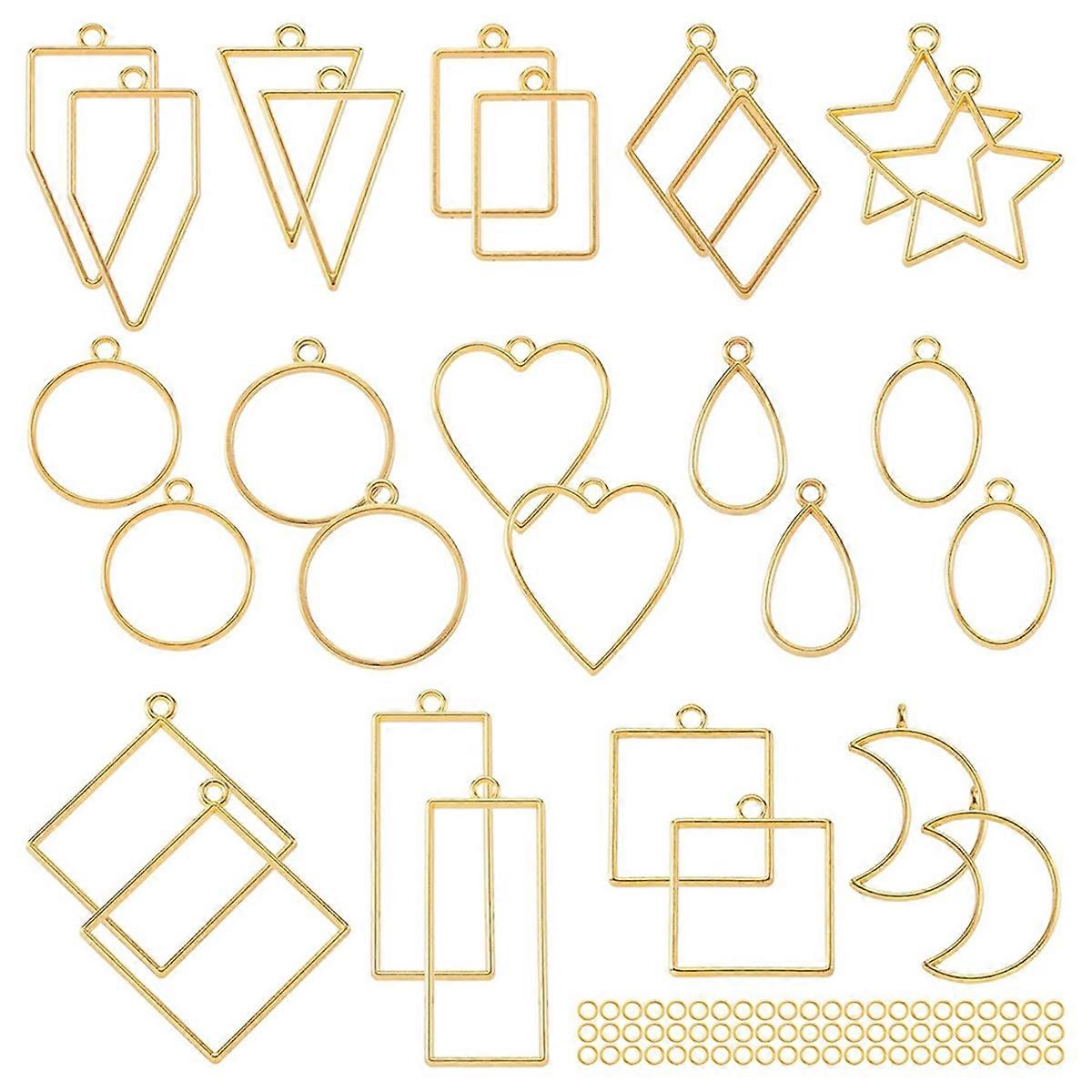Open Bezel with 100 Jump Rings, Gold Heart Star Moon Hollow Frame Pendant Mold Kit for Resin Casting, DIY