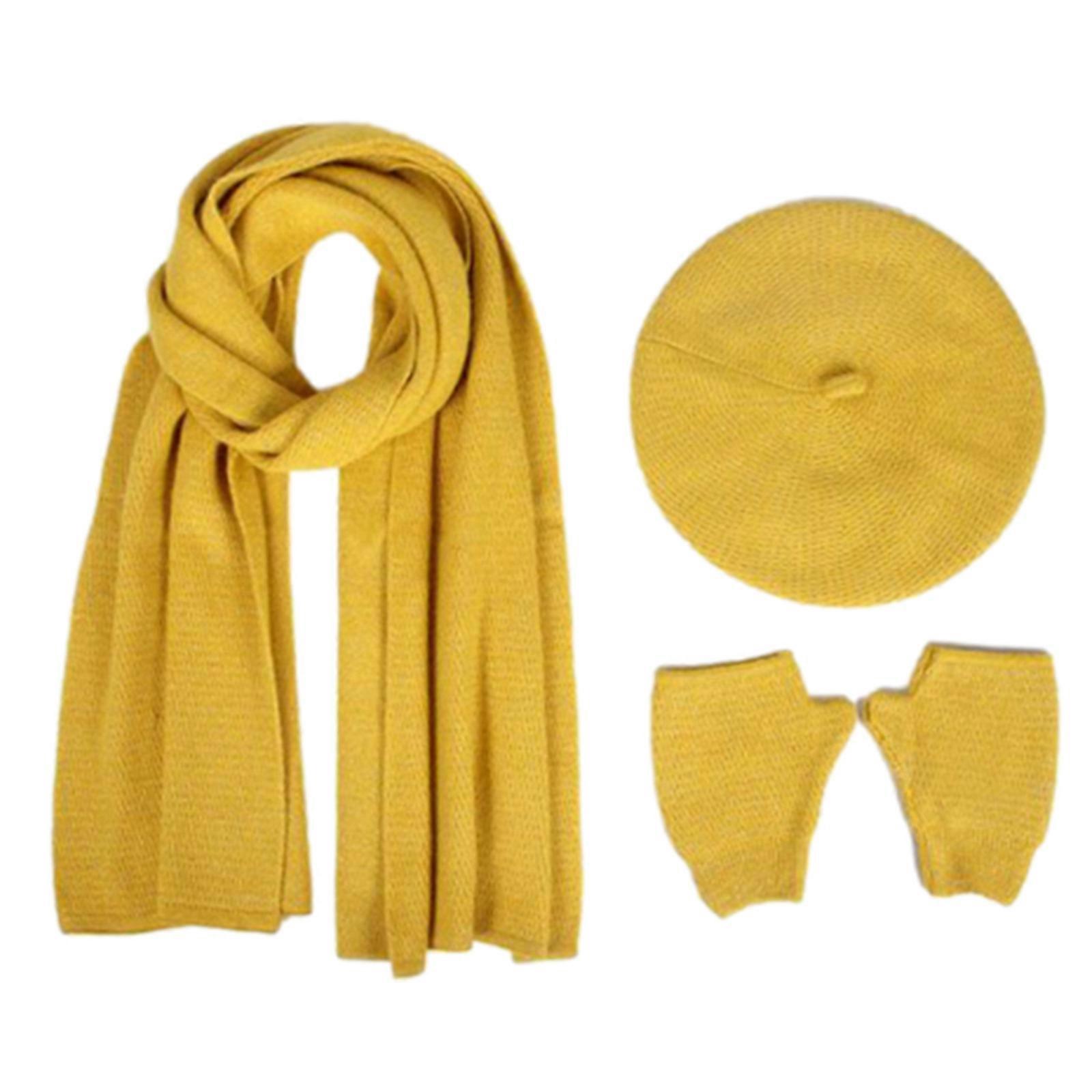 for Head Warmer Beret Hat Newsboy Cap Winter Hat Scarf Gloves Set Solid Color Beanie Caps Outdoor Riding Sets  Yellow