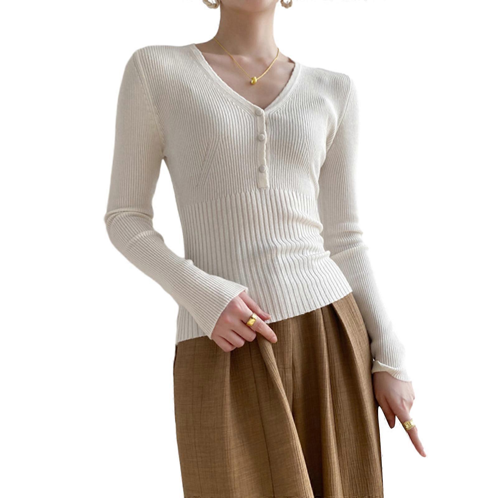 2023 Fall Winter Women's Half Button V Neck Sweater Long Sleeve Knitted Pullover Sweater Tops Sexy Going Out Tops Gifts  White S