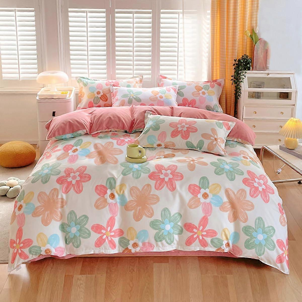 Pink Green on White Flowers Printed Pattern Duvet Cover Sets for Kids Twin Size