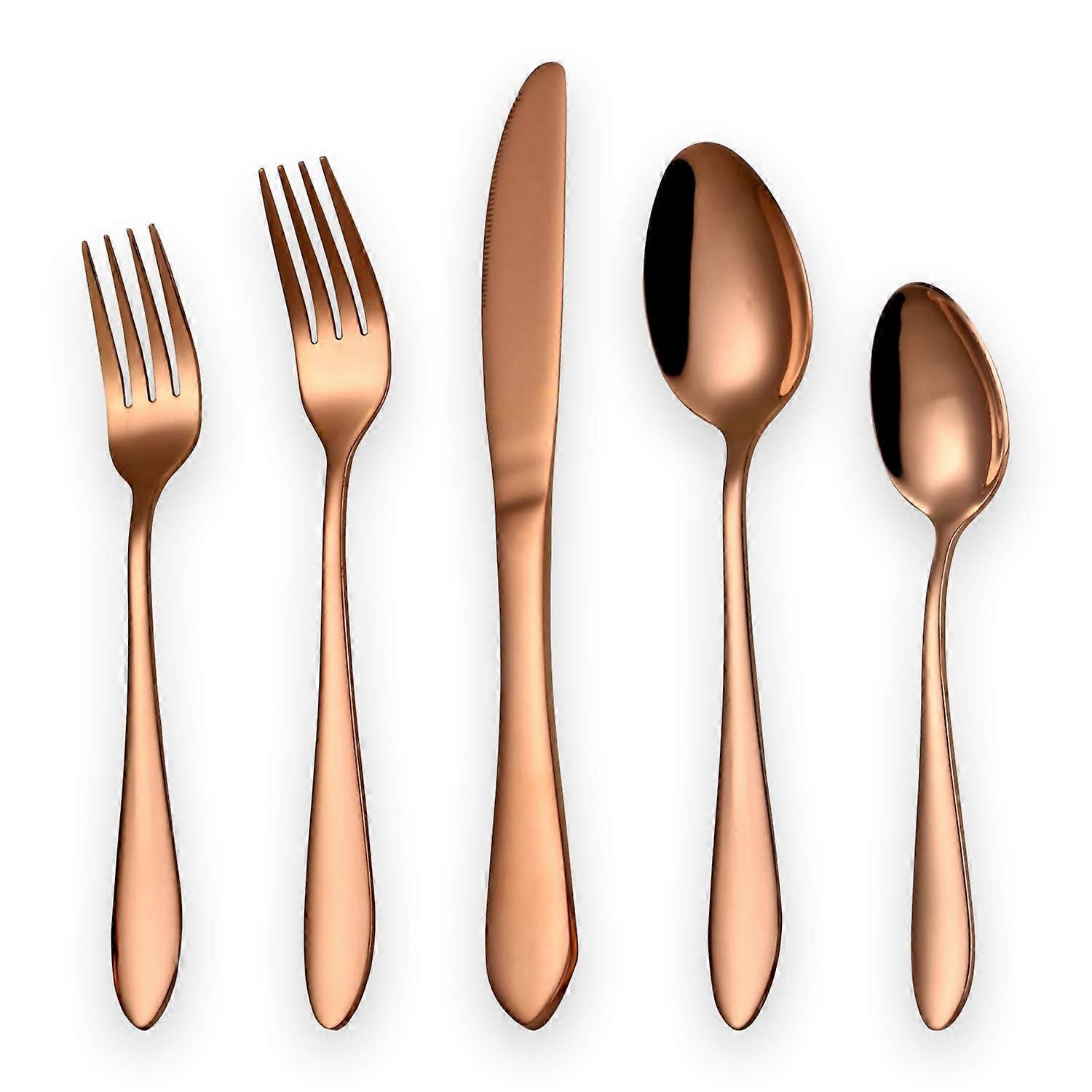 20 Piece Rose Gold Plated Stainless Steel Flatware Set Service for 4 with Shiny Copper Finish and Modern Design