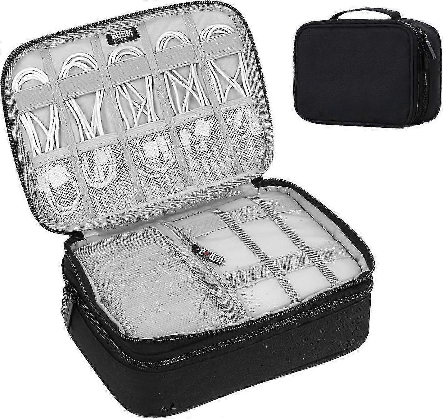 Large Double Layer Travel Cable Organizer Bag, Portable Electronics Accessories Storage Case with 2 Compartments, Black