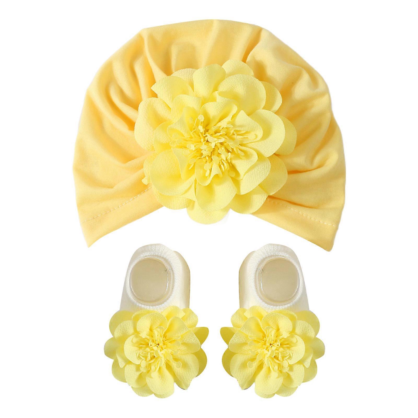 0-1Y Baby Socks Flower Hat Ελαστικό τουρμπάνι Καπέλο Αντιολισθητικό Κάλτσες δαπέδου Φιλικό προς το δέρμα Νεογέννητα Θερμαντήρας ποδιών Τουρμπάνι Καπέλο 2PCS Κίτρινο