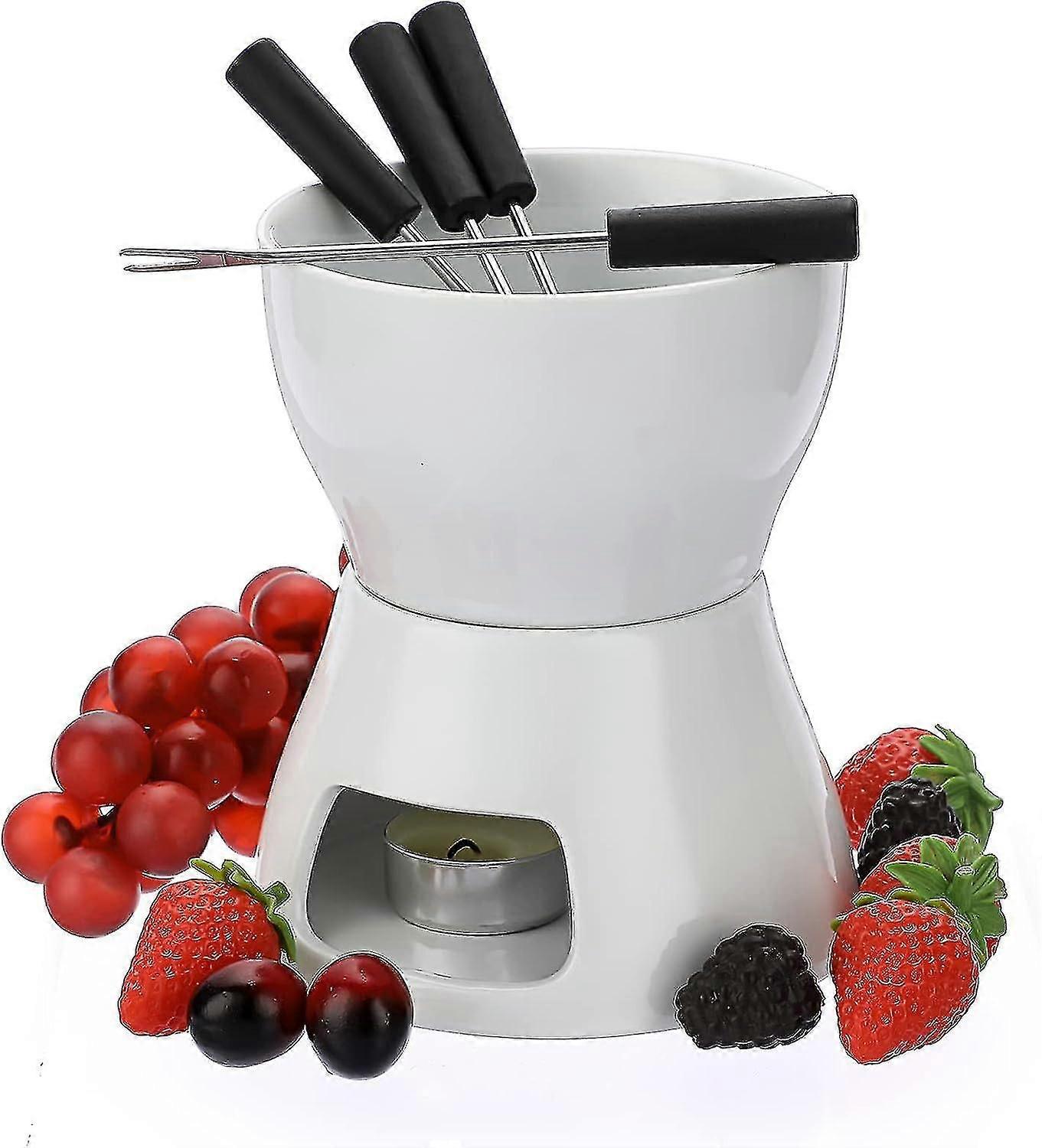 White Ceramic Chocolate Fondue Pot Set Cheese Ice Cream Warmer, 300ml Butter Fondue Set Tea Light Candle Fondue Pot With Wooden Pallet And 4 Forks And